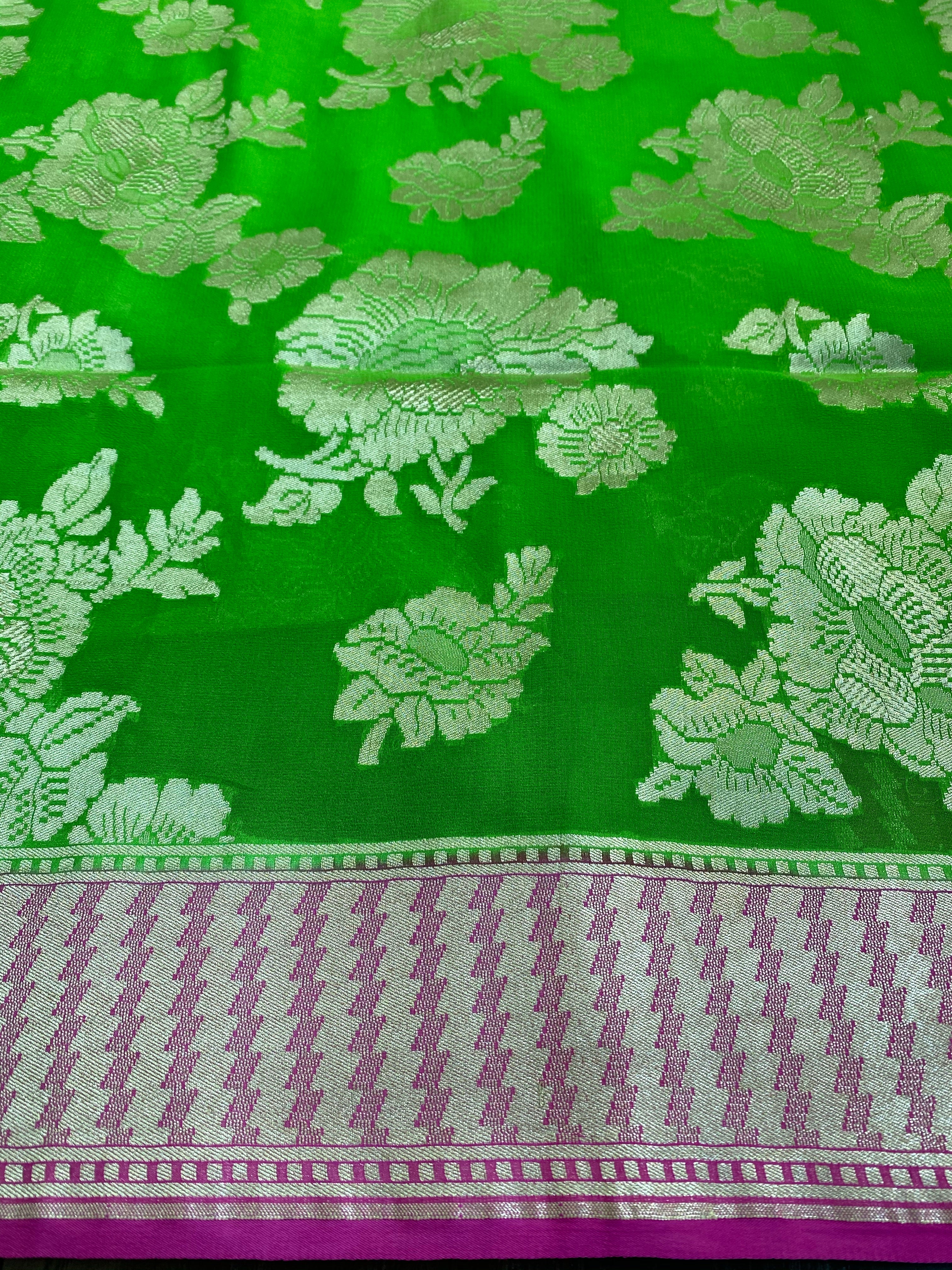 Khaddi Georgette Banarasi - Green Pink