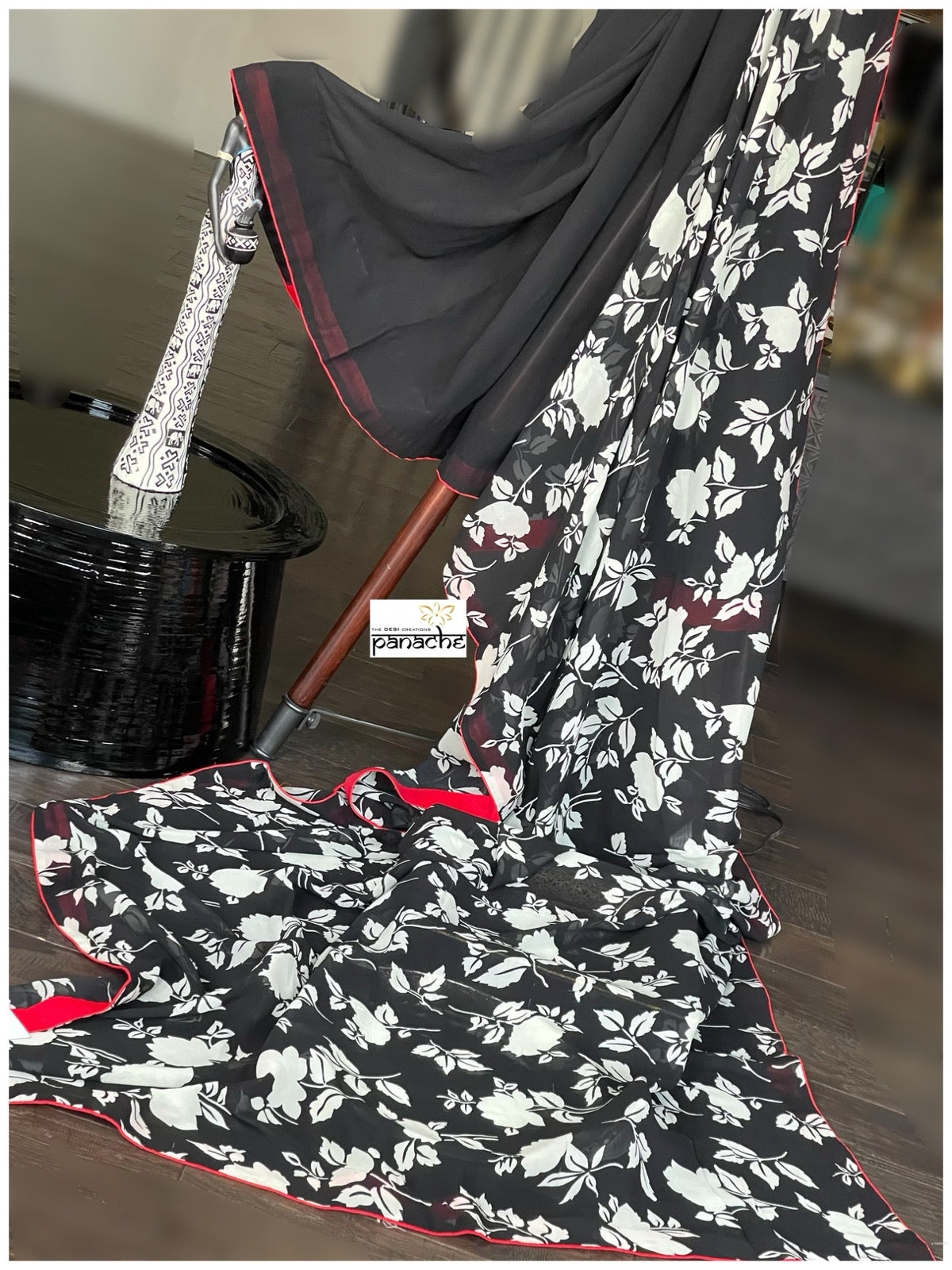 Designer Georgette Silk - Black Floral Red