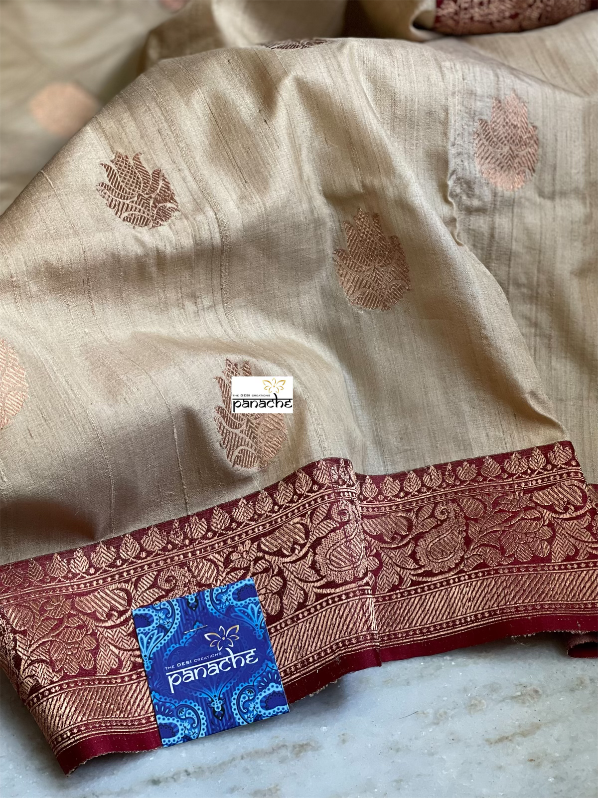 Pure Tussar Silk Banarasi - Beige Maroon