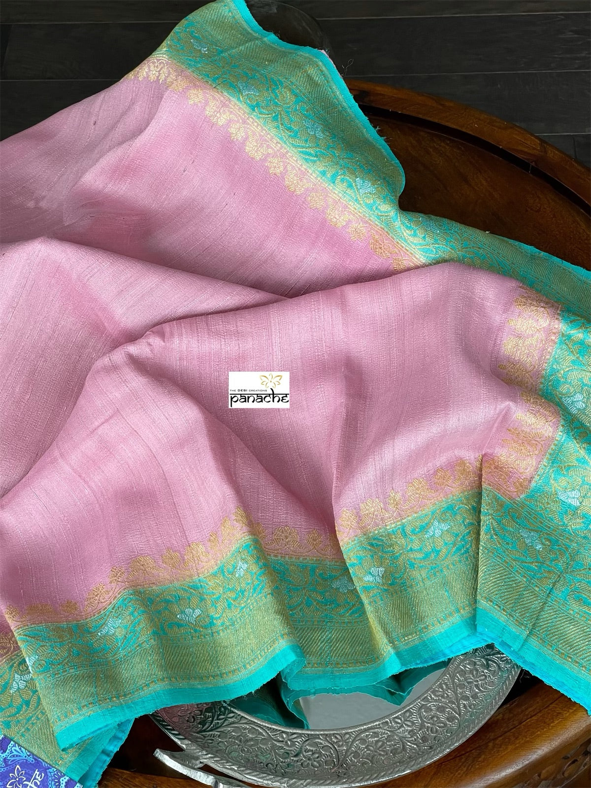 Tussar Georgette Banarasi- Pink Sea Green