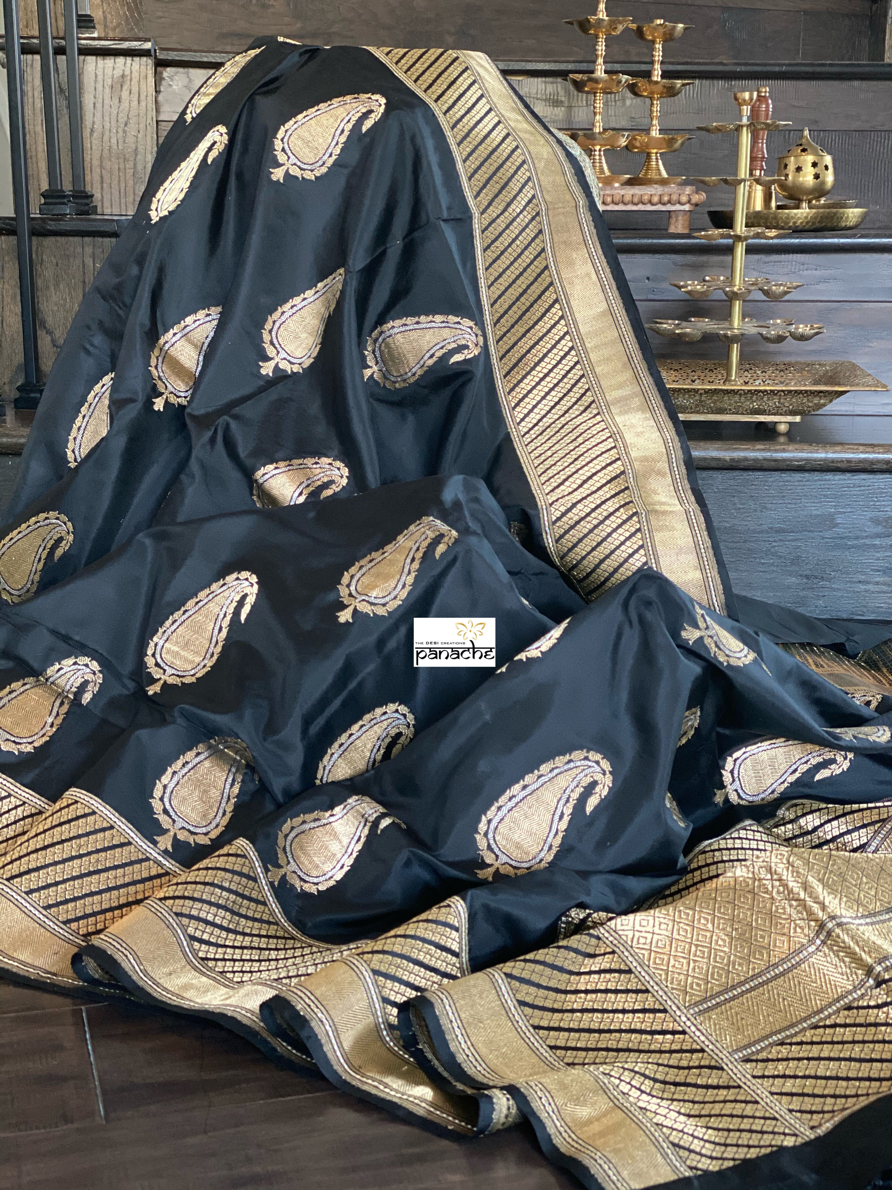 Pure Katan Silk Banarasi - Black Zari Paiesley