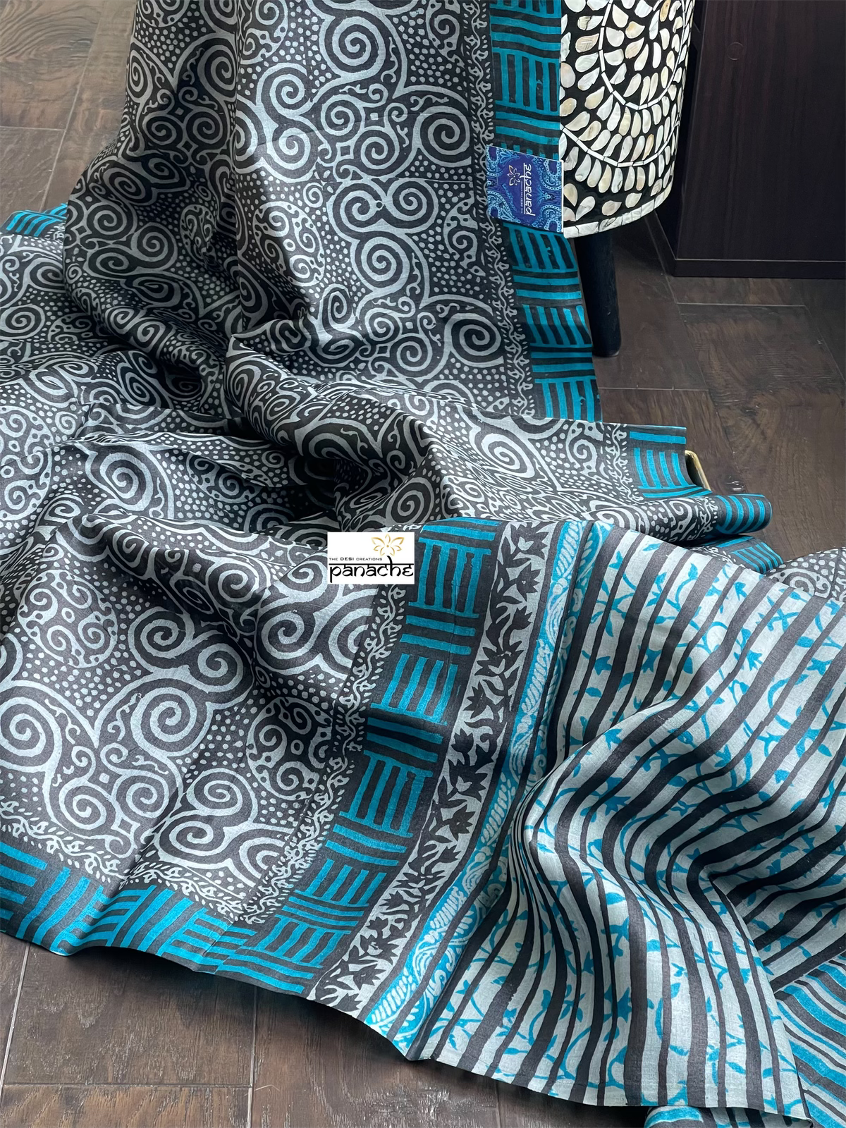 Pure Tussar Silk Printed -  Grey Black Firozi