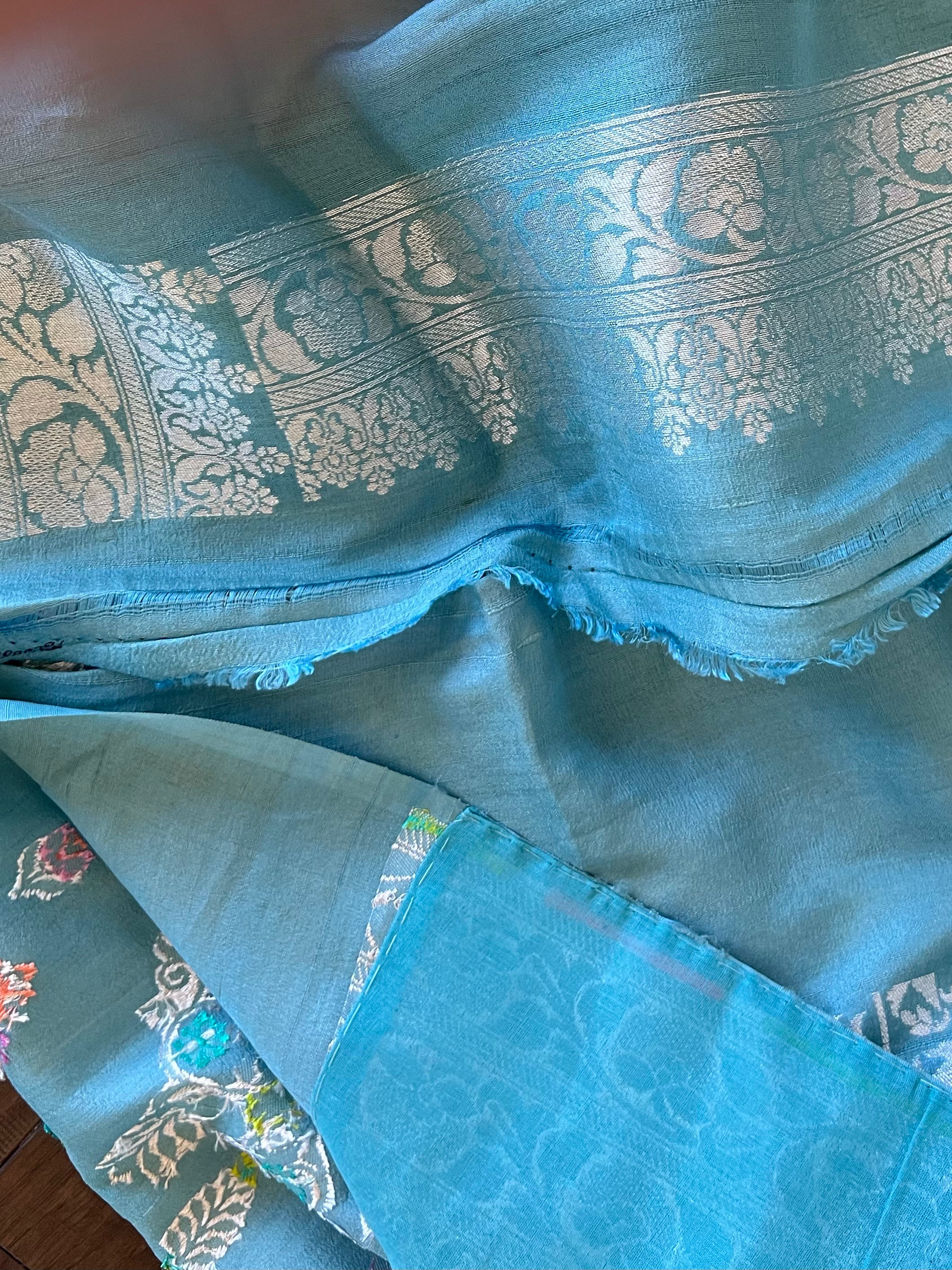 Tussar Silk Banarasi- Light Firozi Blue Silver Zari