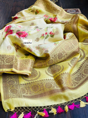 Chiniya Silk Banarasi Floral - Lemon Yellow Golden Zari
