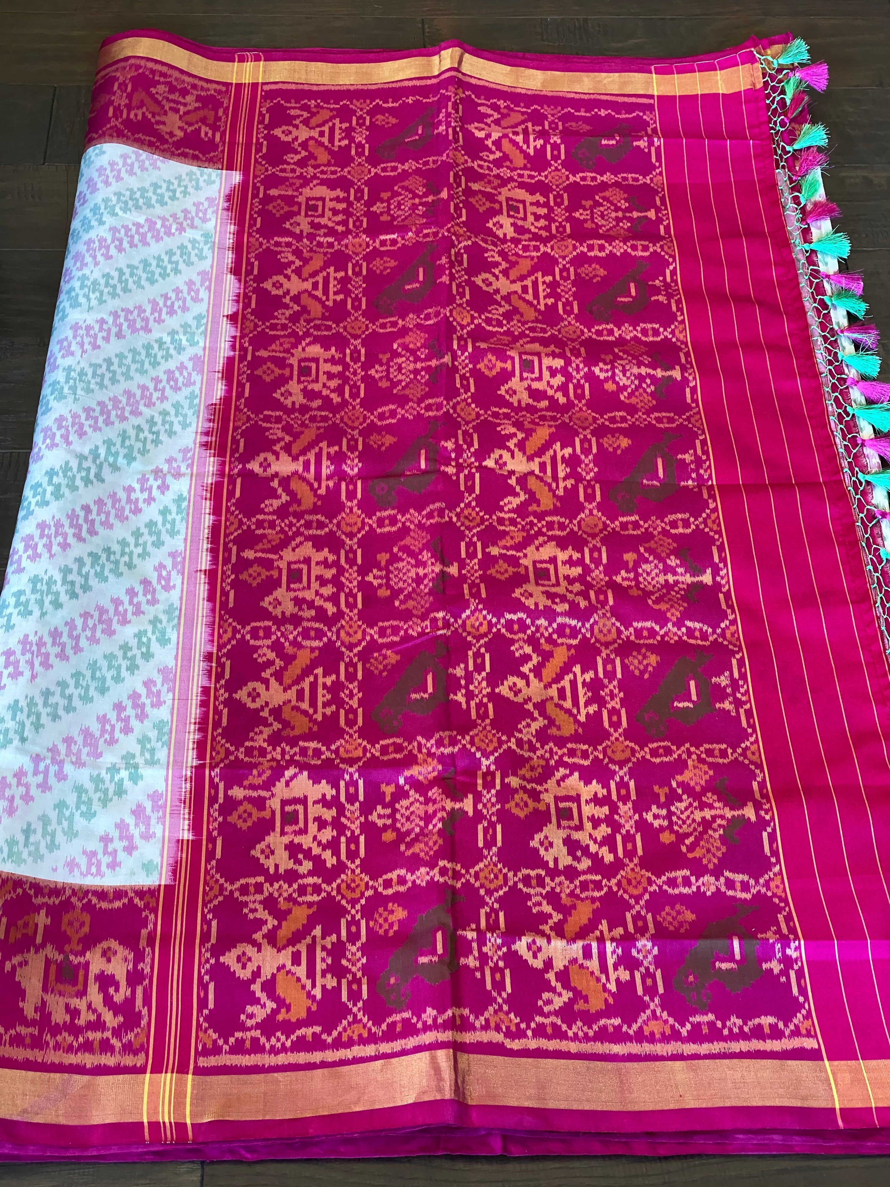 Pure Silk Ikat -  Offwhite Green Magenta