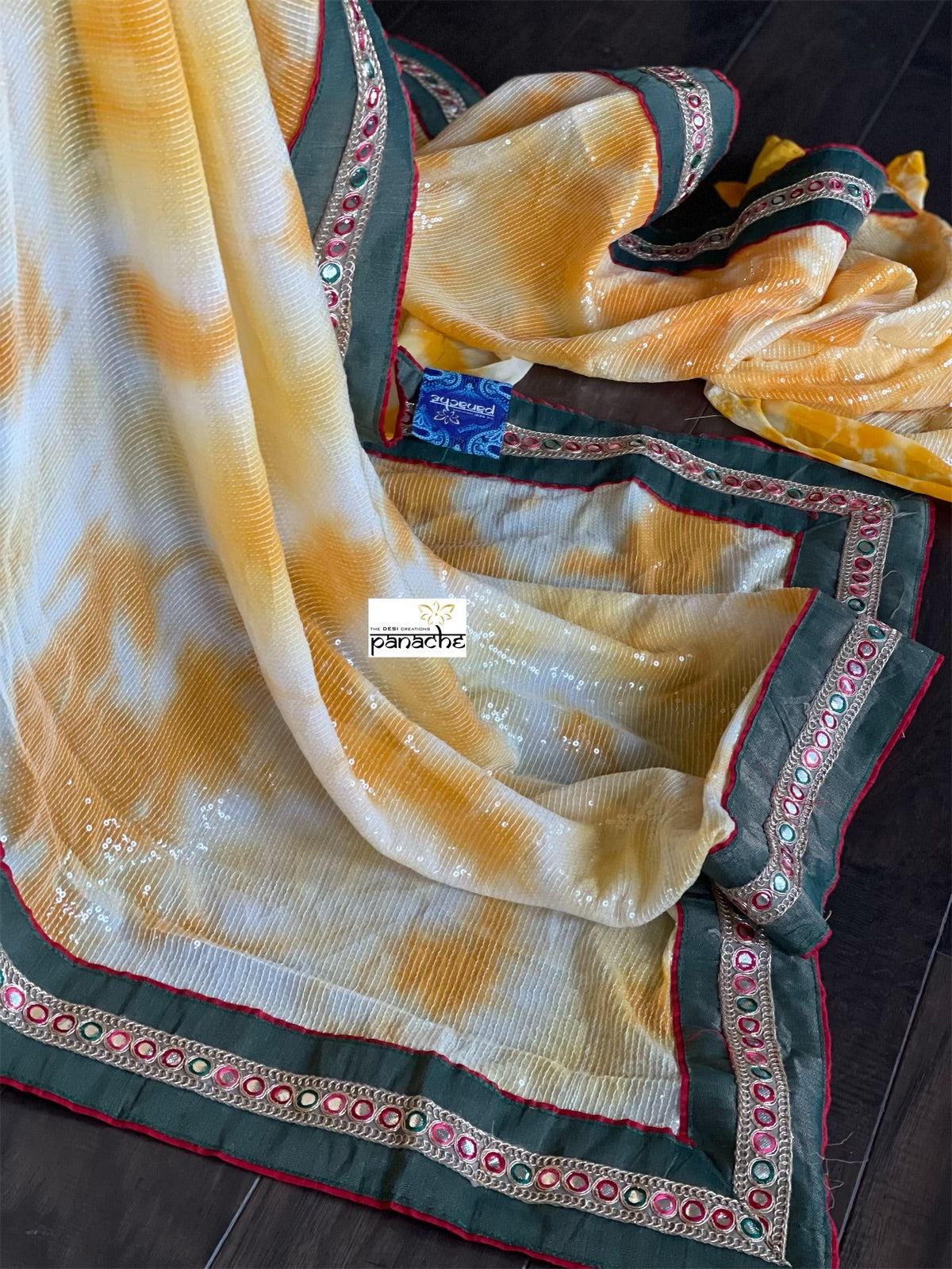 Designer Georgette Sequin Saree - Yellow Orange Tie Dye