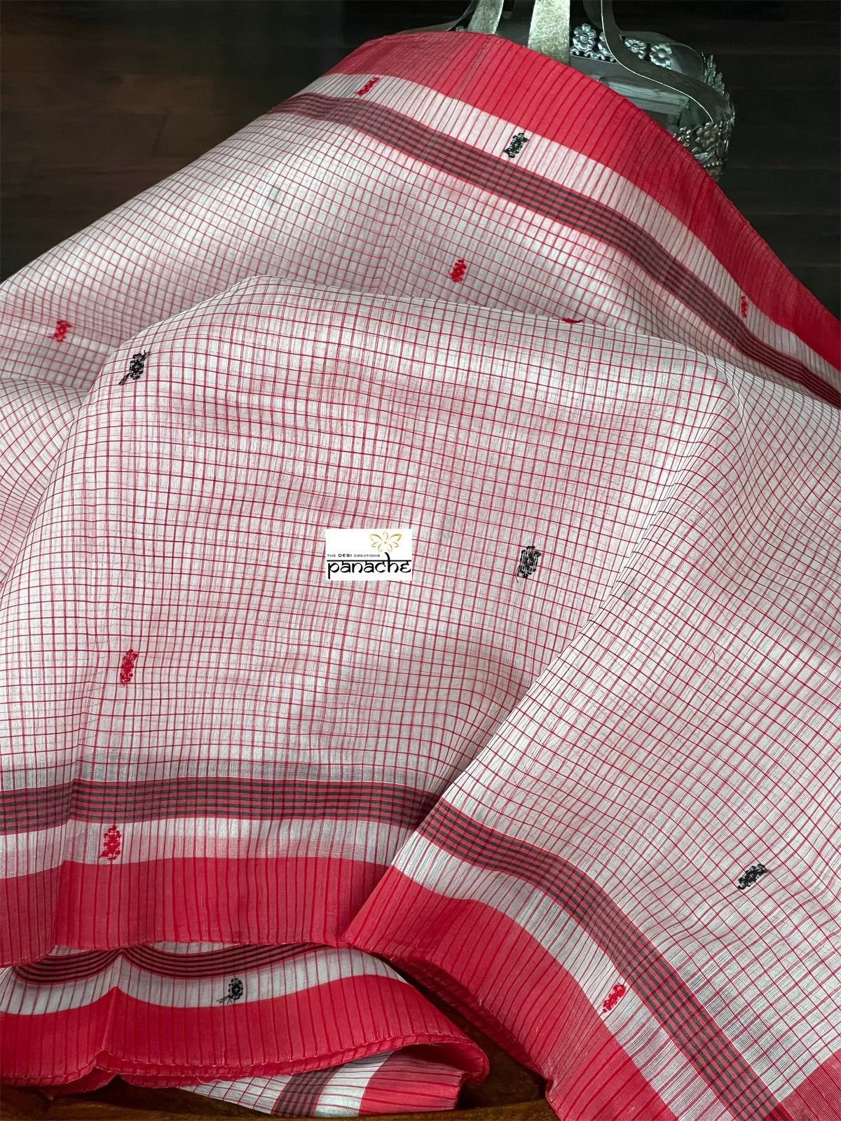 Pure Chanderi Organza Silk - Off White Red Checkered