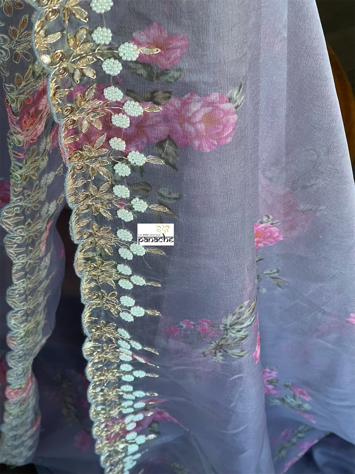 Designer Organza Floral - Bluish Grey Handwork Border