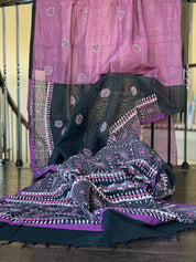 Cotton Kantha Stitch -  Mauve Purple Black Half Half