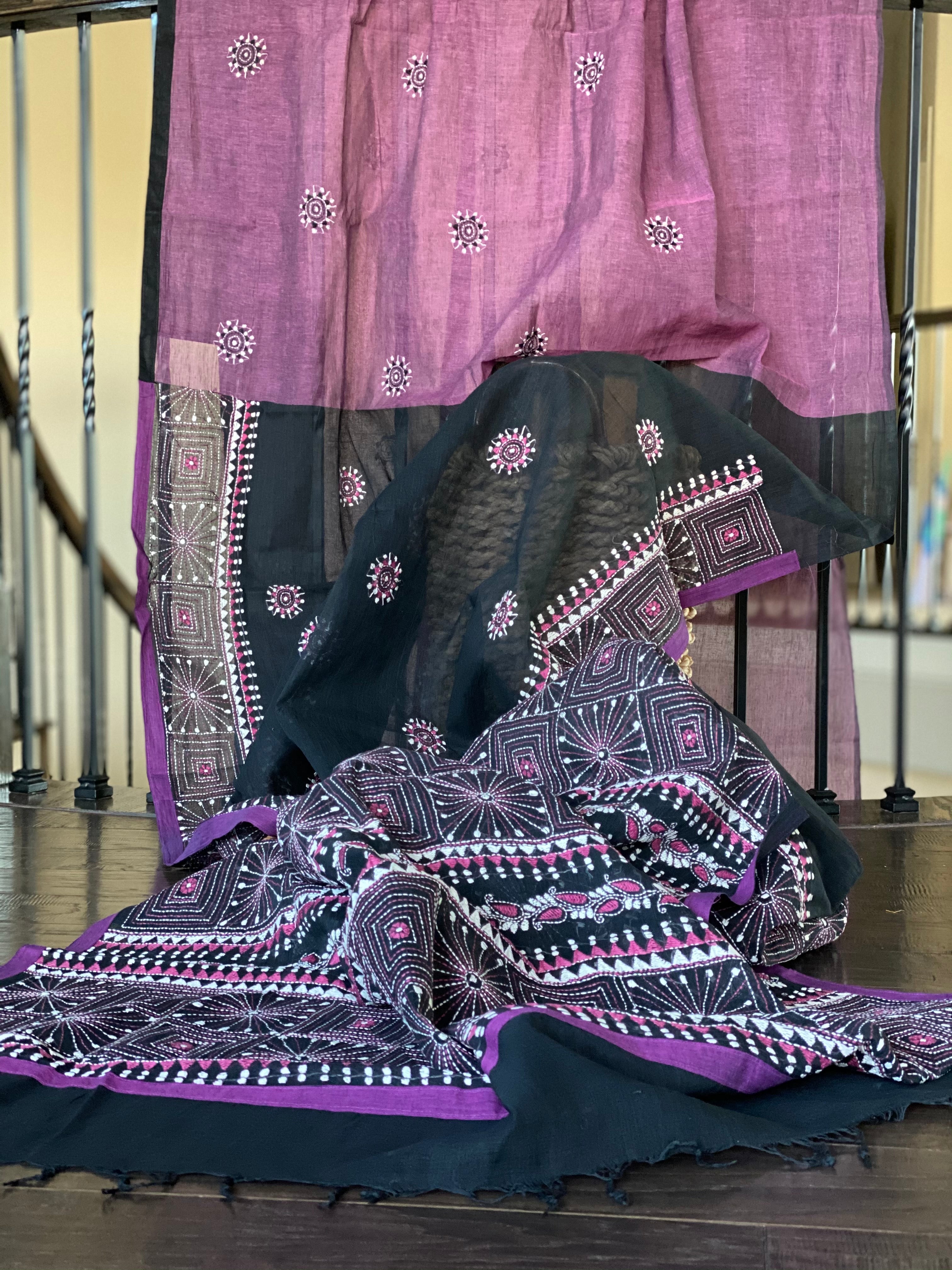 Cotton Kantha Stitch -  Mauve Purple Black Half Half