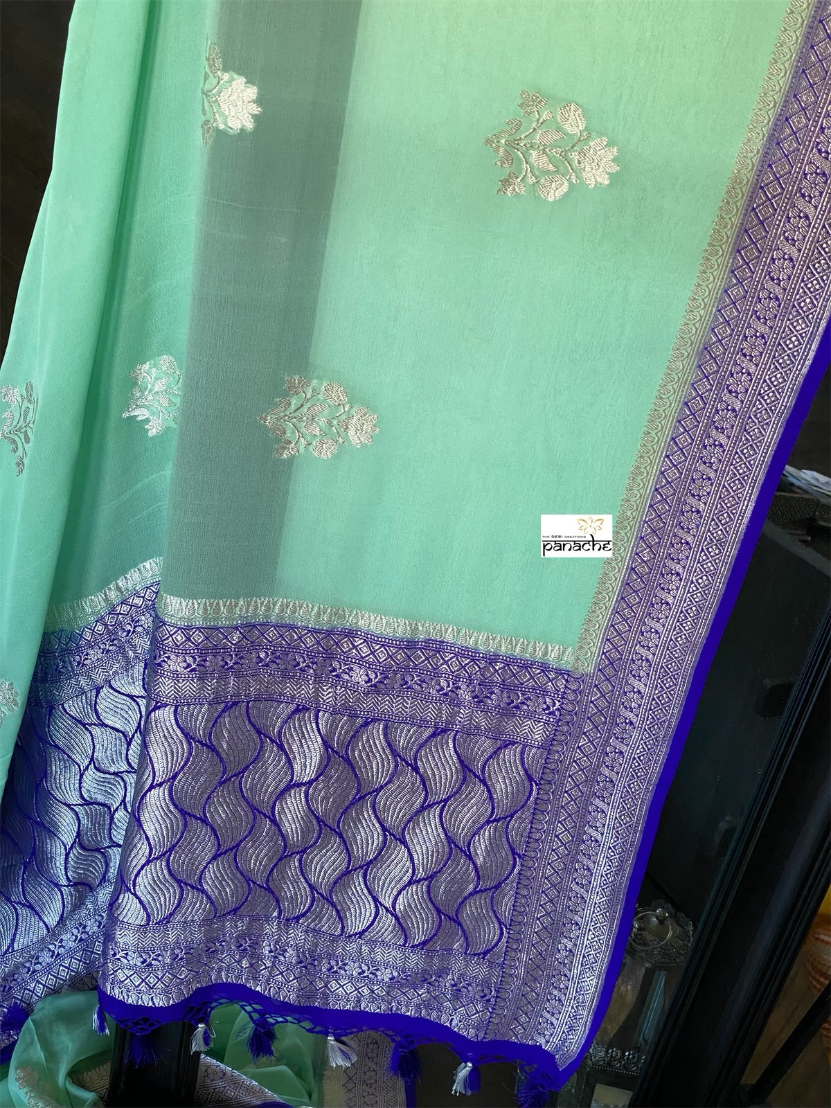 Chiffon Georgette Silk Banarasi - Mint Green Purplish blue