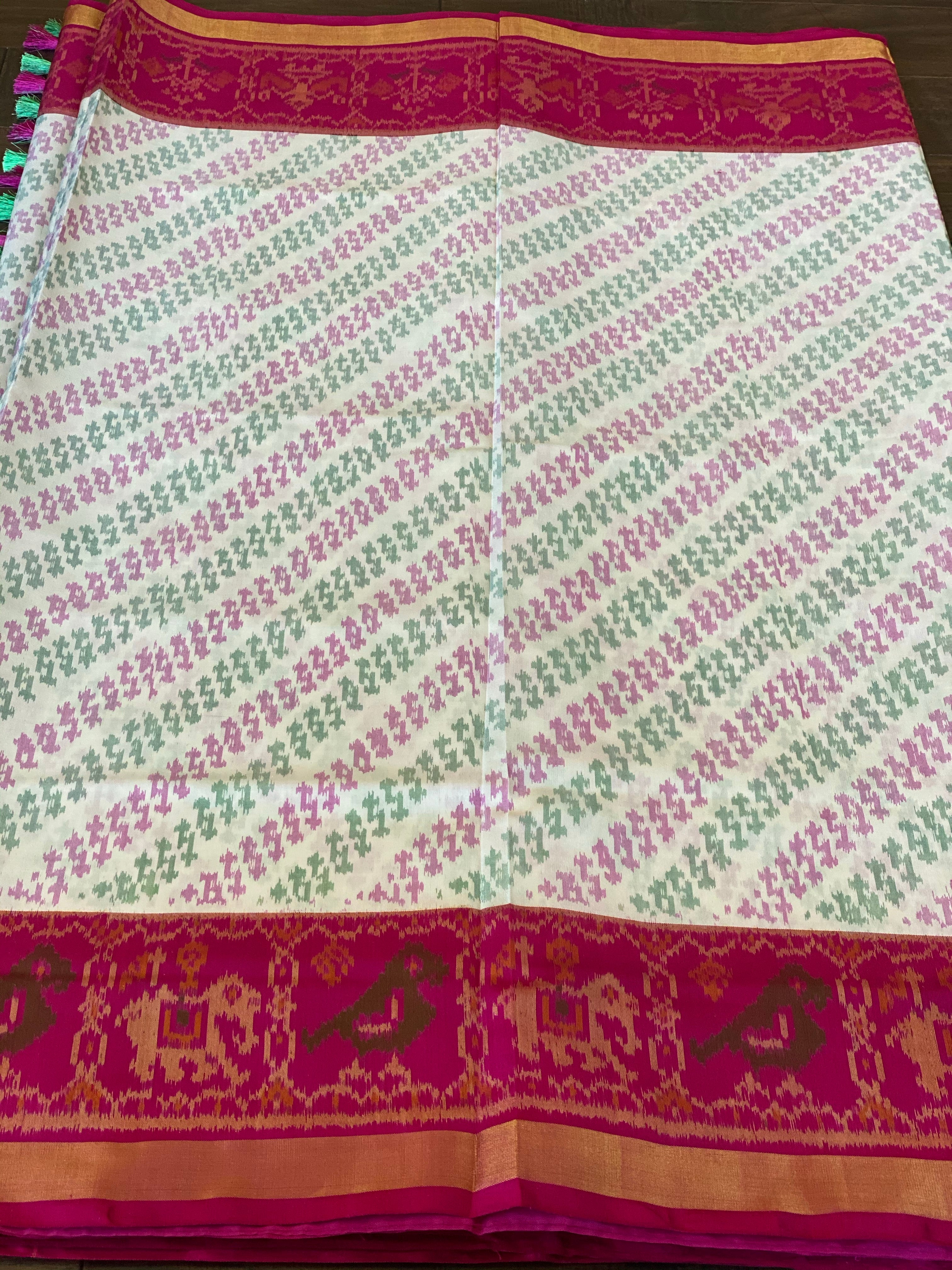 Pure Silk Ikat -  Offwhite Green Magenta