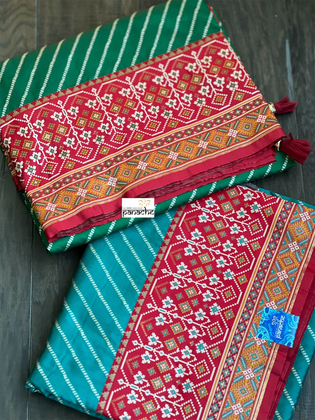 Soft Silk Patola Banarasi - Firozi Blue Red Antique Golden Zari