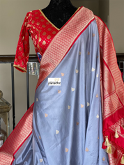 Katan Silk Banarasi - Bluish Grey Red