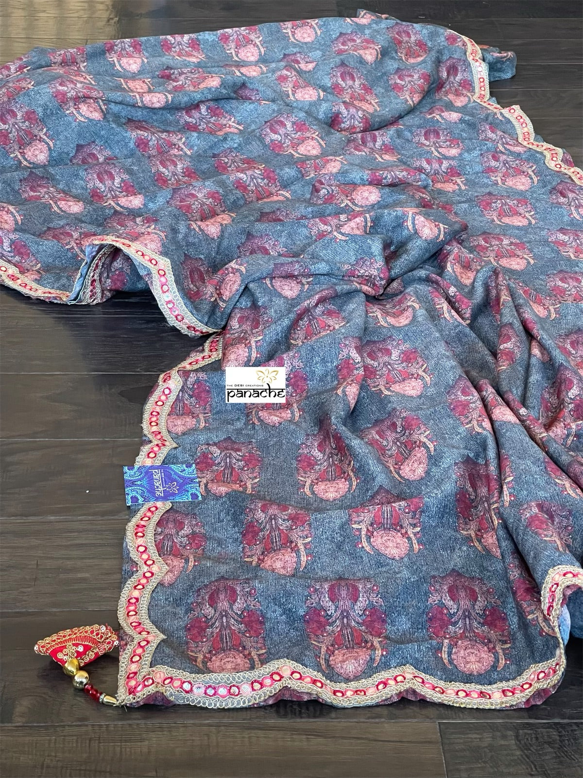 Designer Jute Silk - Grey Orange Printed