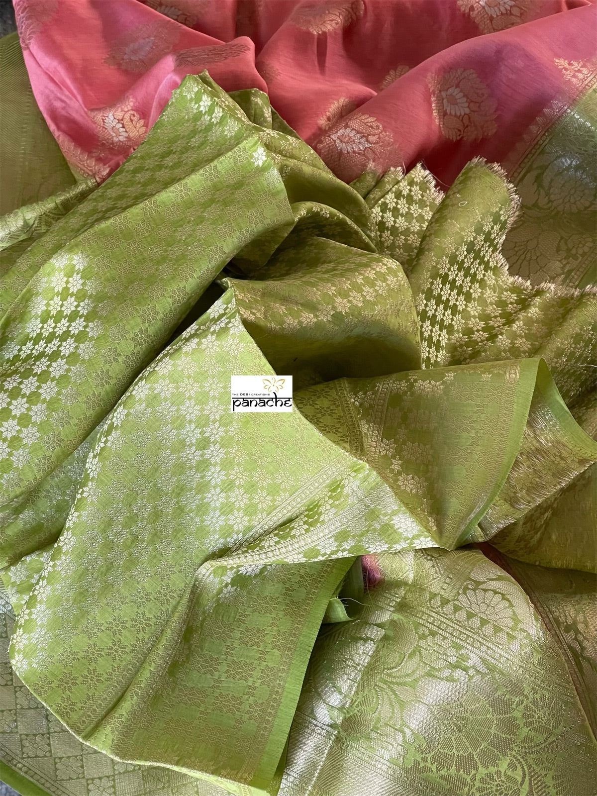 Mulmul Tissue Cotton Banarasi - Pink Green Golden Zari