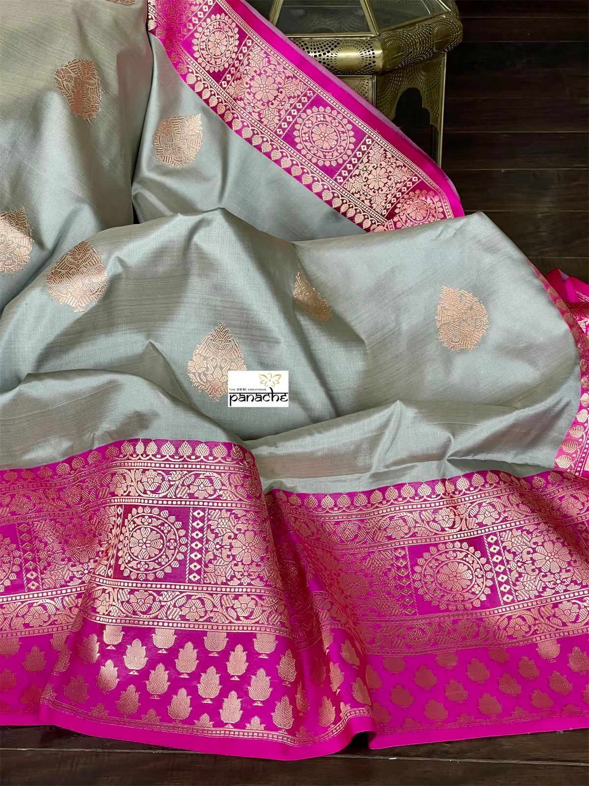 Katan Silk Banarasi - Silver Grey Magenta