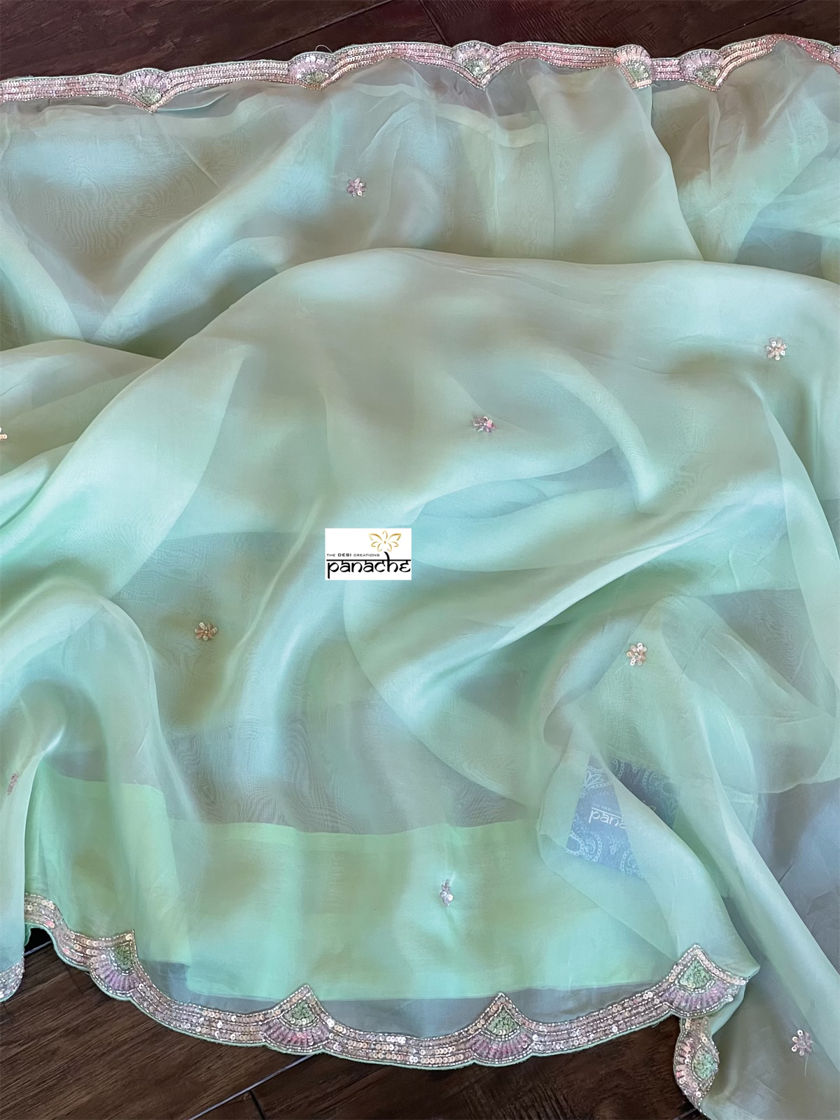 Designer Satin Organza - Mint Hand Embroidered