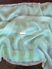 Designer Satin Organza - Mint Hand Embroidered