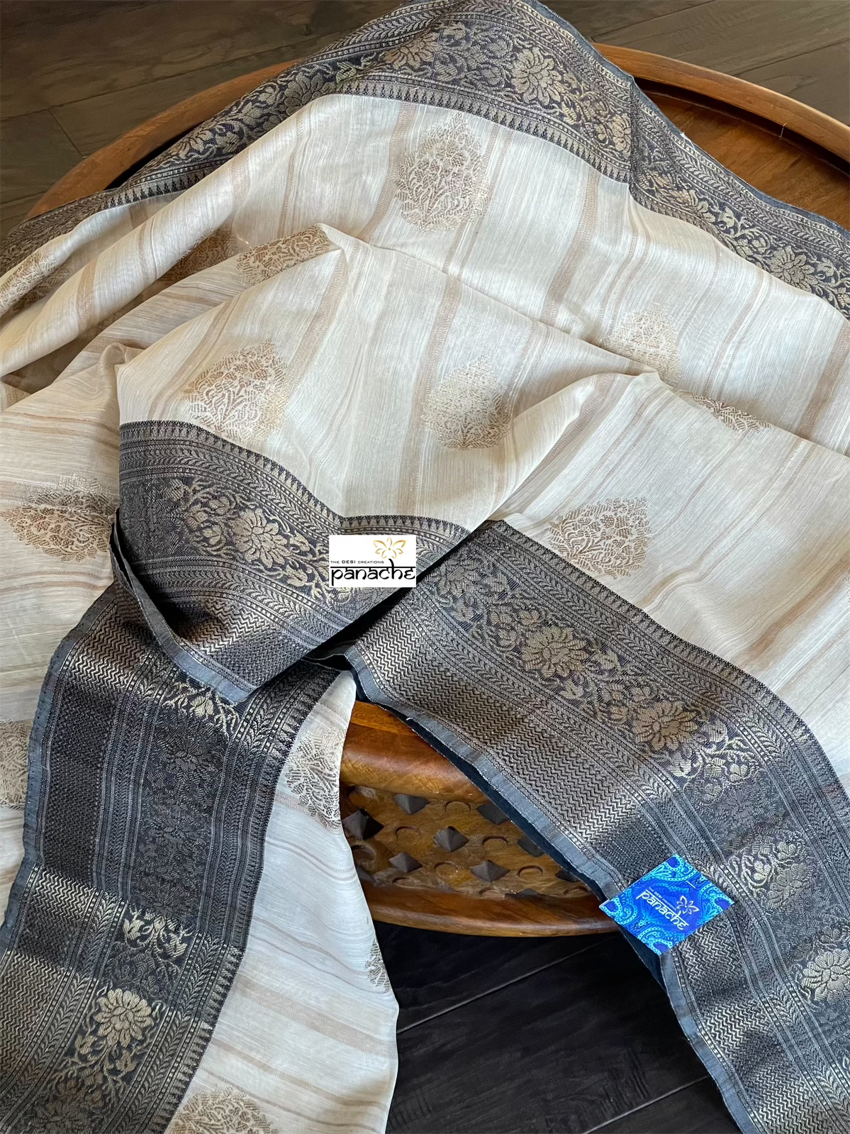 Soft Dupion Banaras Saree - Beige Black