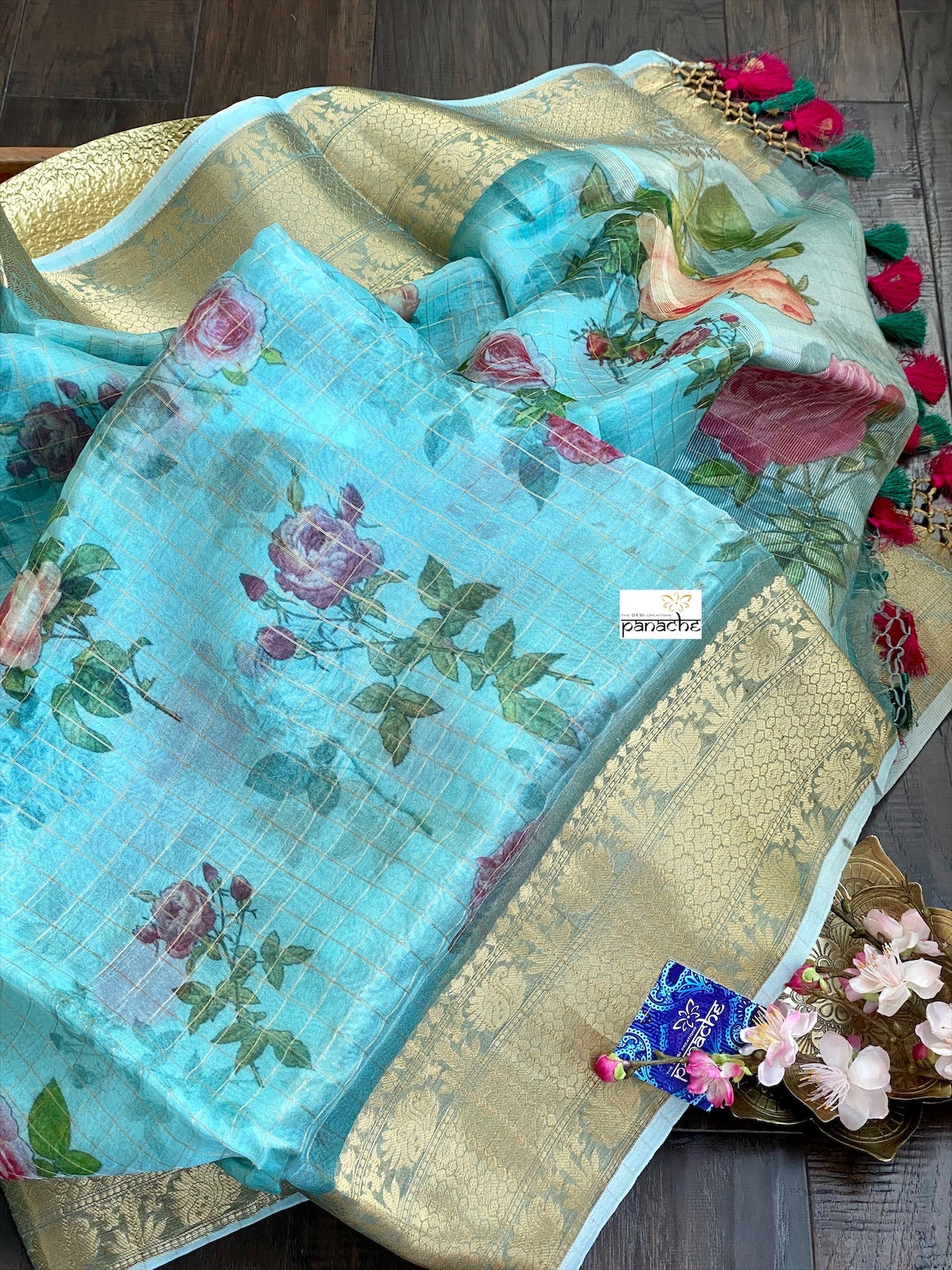 Banarasi Organza Floral - Seagreen Golden Zari Checks