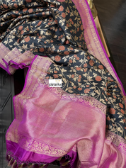 Pure Silk Jangla Banarasi - Black Magenta Purple Antique Golden Zari