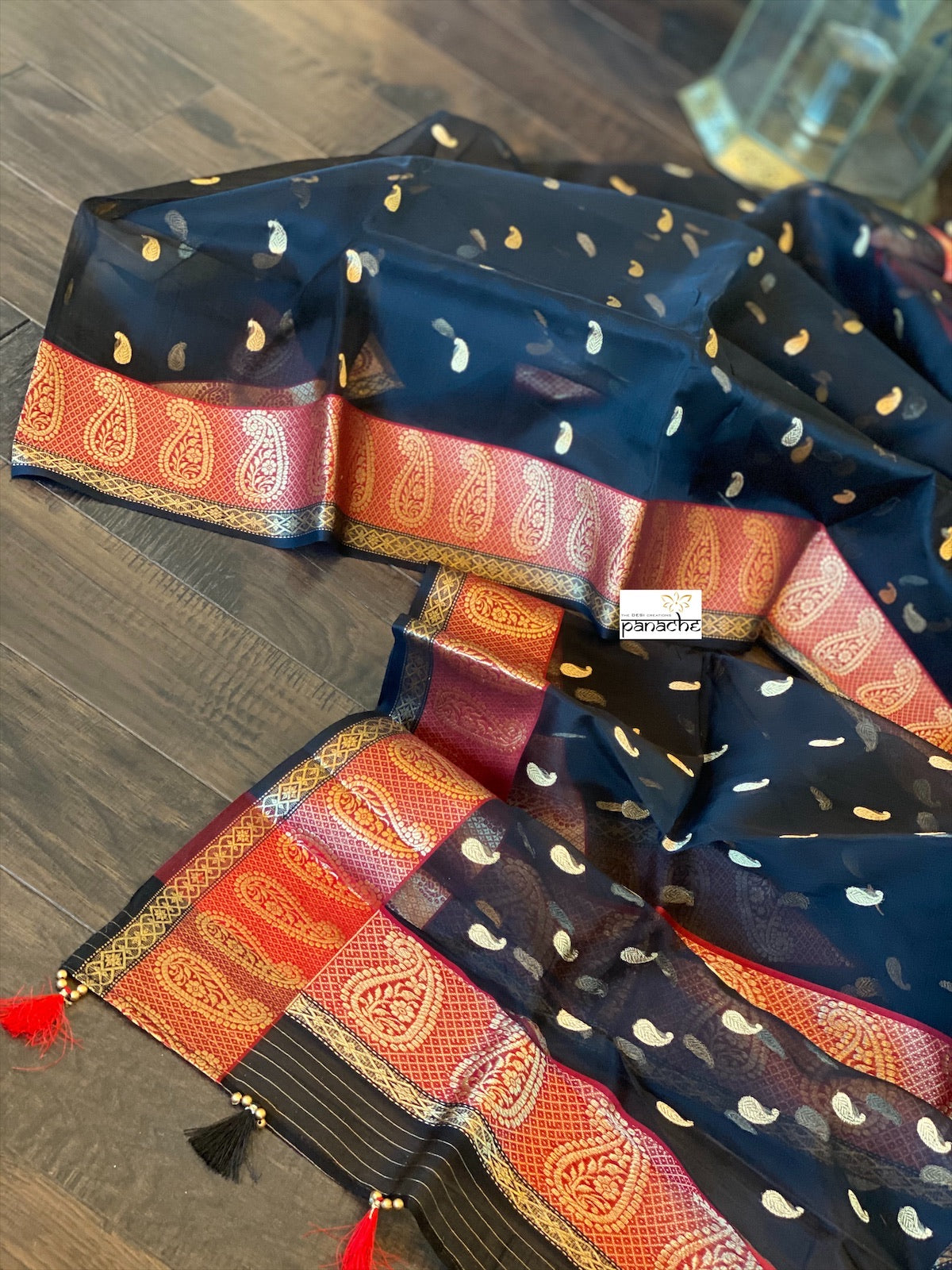 Pure Chanderi Organza Silk - Black Paisley