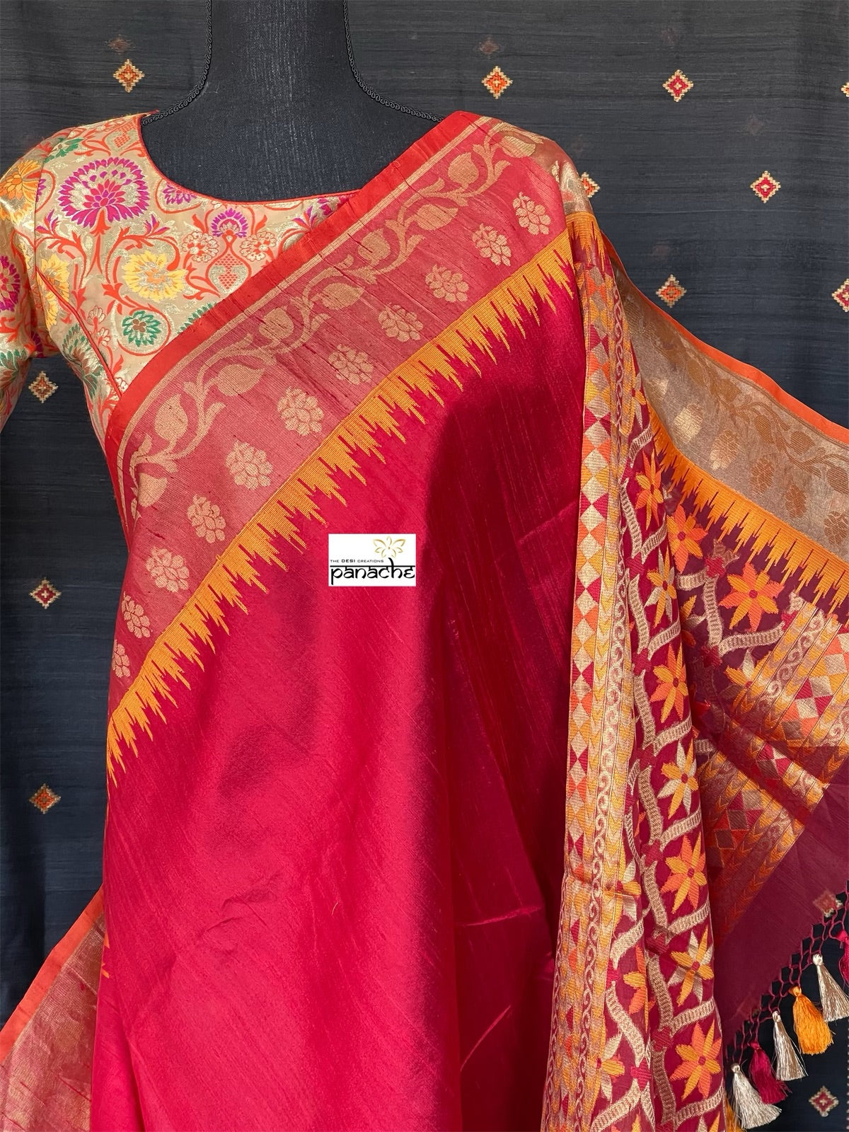 Tussar Silk Banarasi - Red Yellow Paithani Border