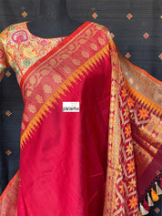 Tussar Silk Banarasi - Red Yellow Paithani Border