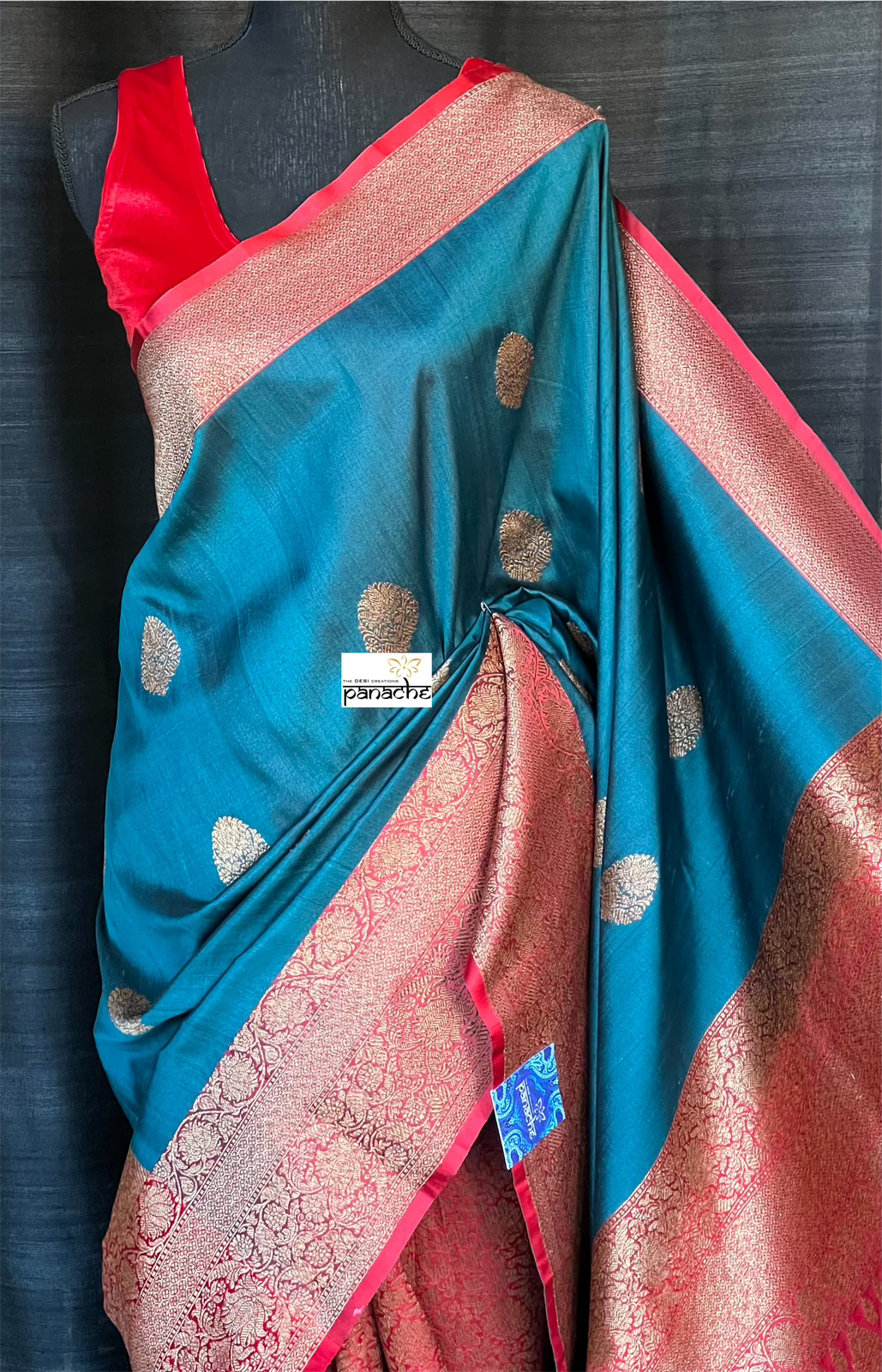 Tussar Silk Banarasi - Teal Blue Red Patli Pallu