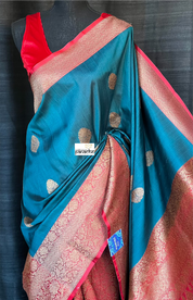 Tussar Silk Banarasi - Teal Blue Red Patli Pallu