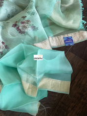 Banarasi Organza Floral - Mint Antique Golden Zari