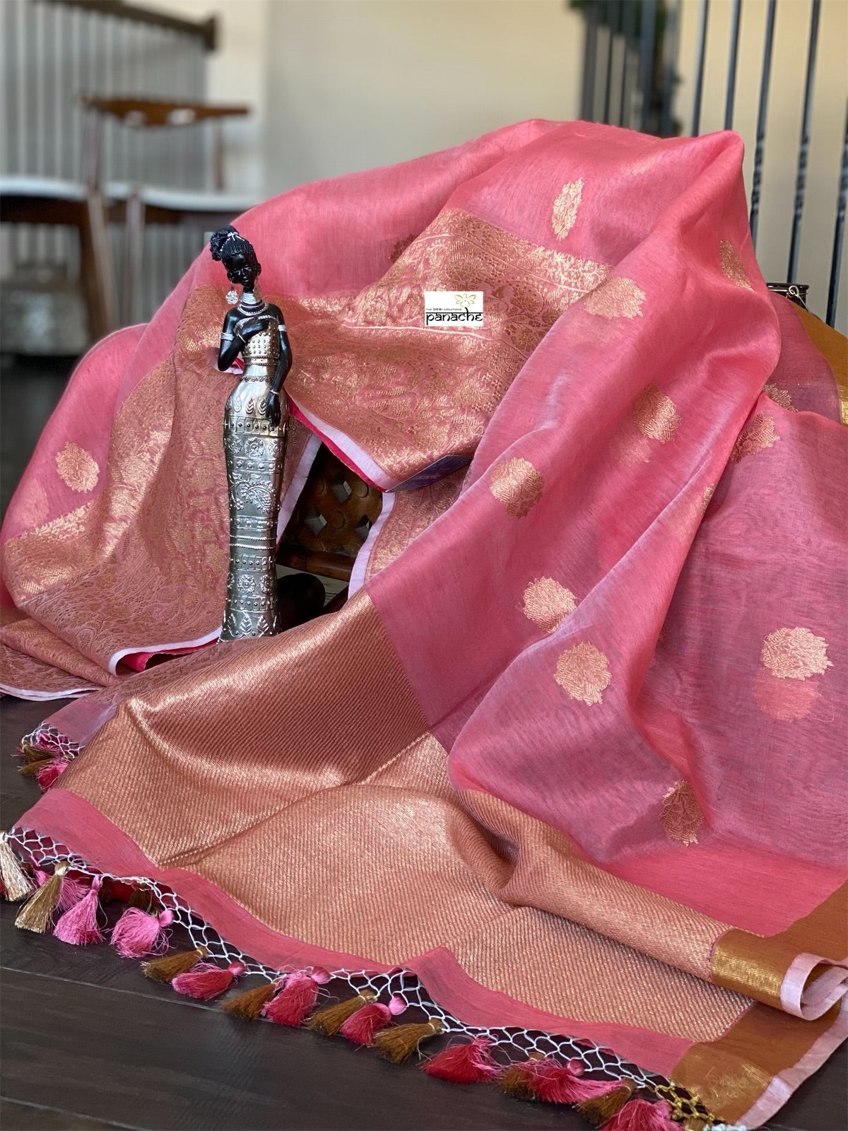 Linen Silk Banarsi - Peach Golden Zari