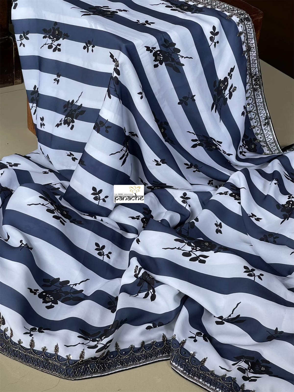 Designer Georgette- White Blue Black