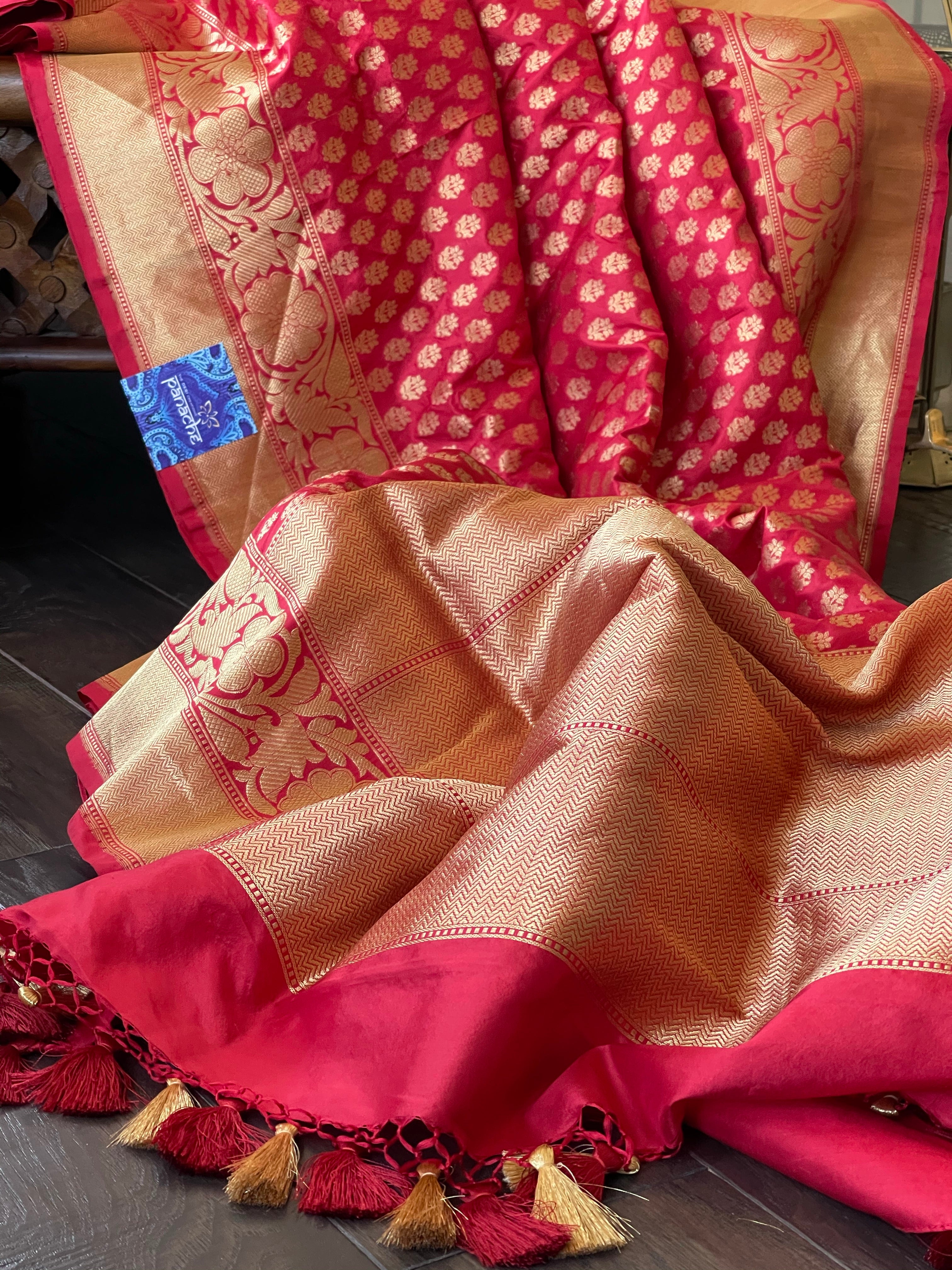 Pure Silk Banarasi - Red Buttidaar Antique Golden Zari