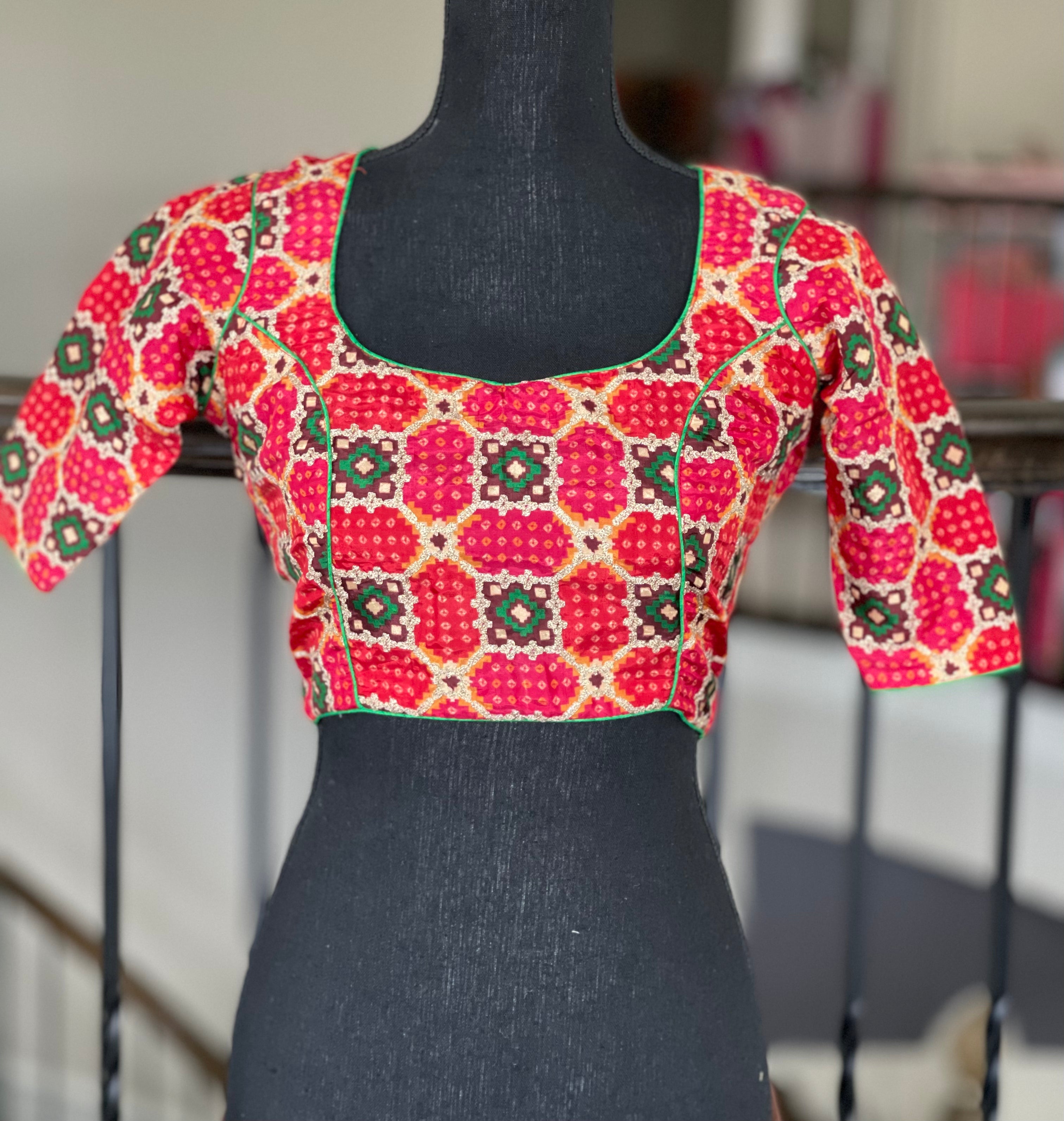 Designer Blouse - Orange Red Green Woven