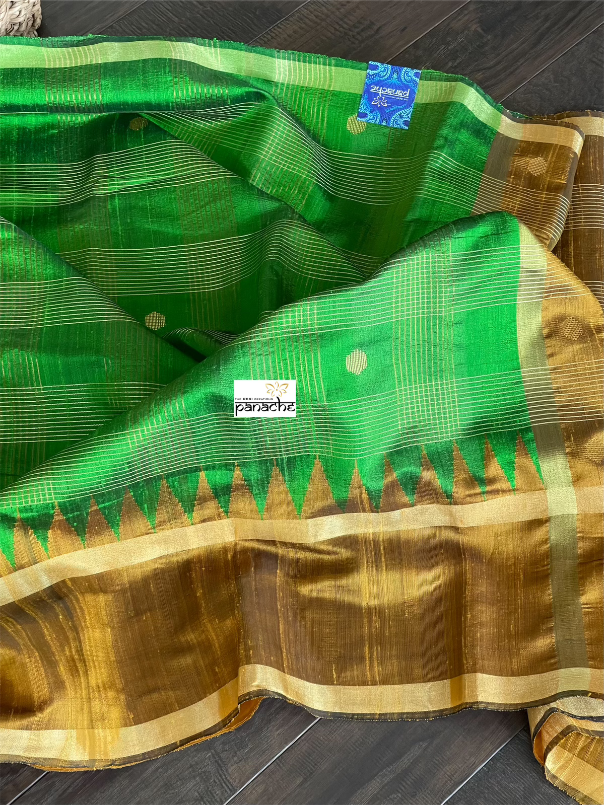 Pure Raw Silk - Green Ochre Brown Checkered
