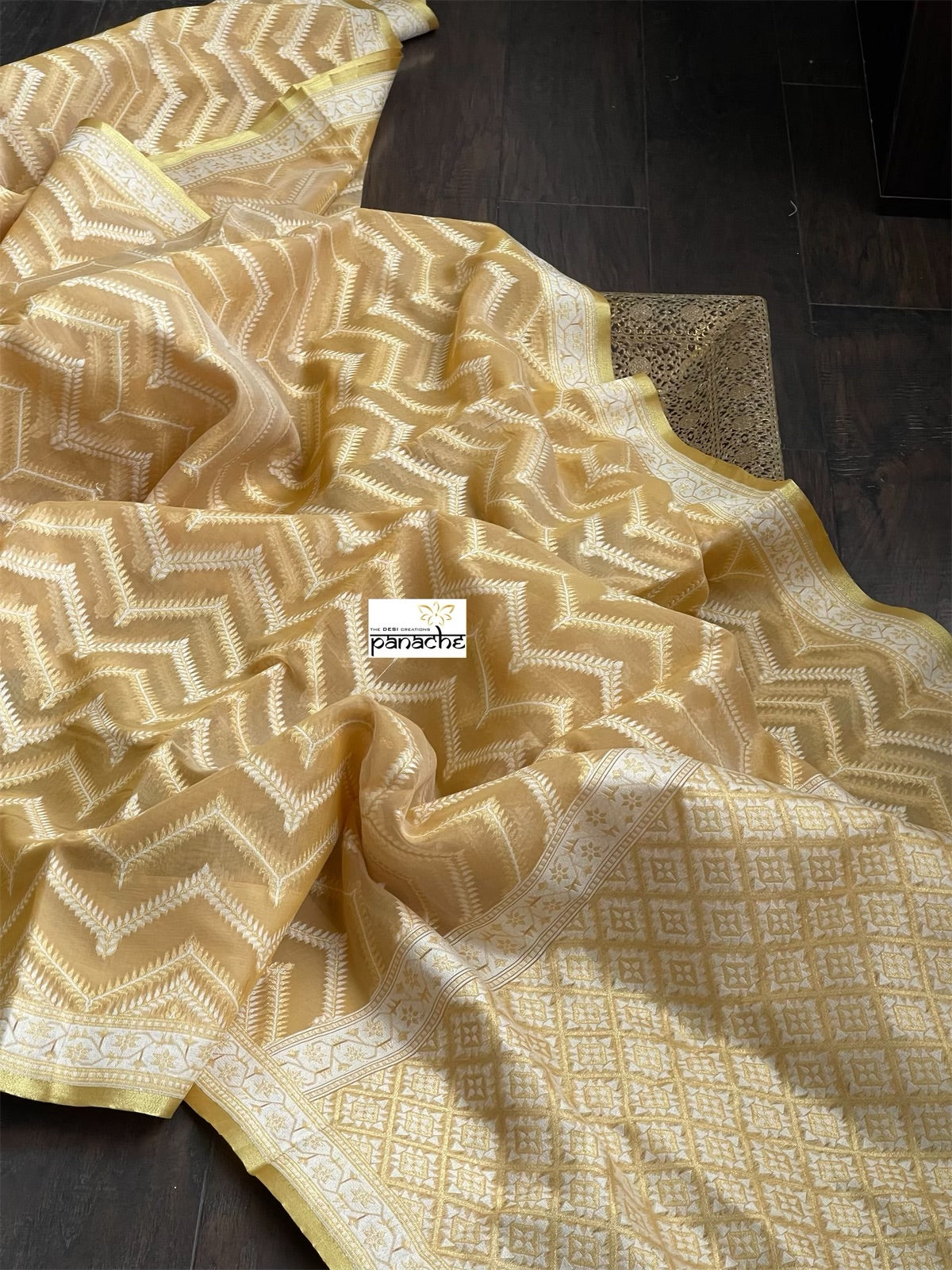 Kora Cotton Chanderi Banarasi - Light Ochre Yellow Paithani Border