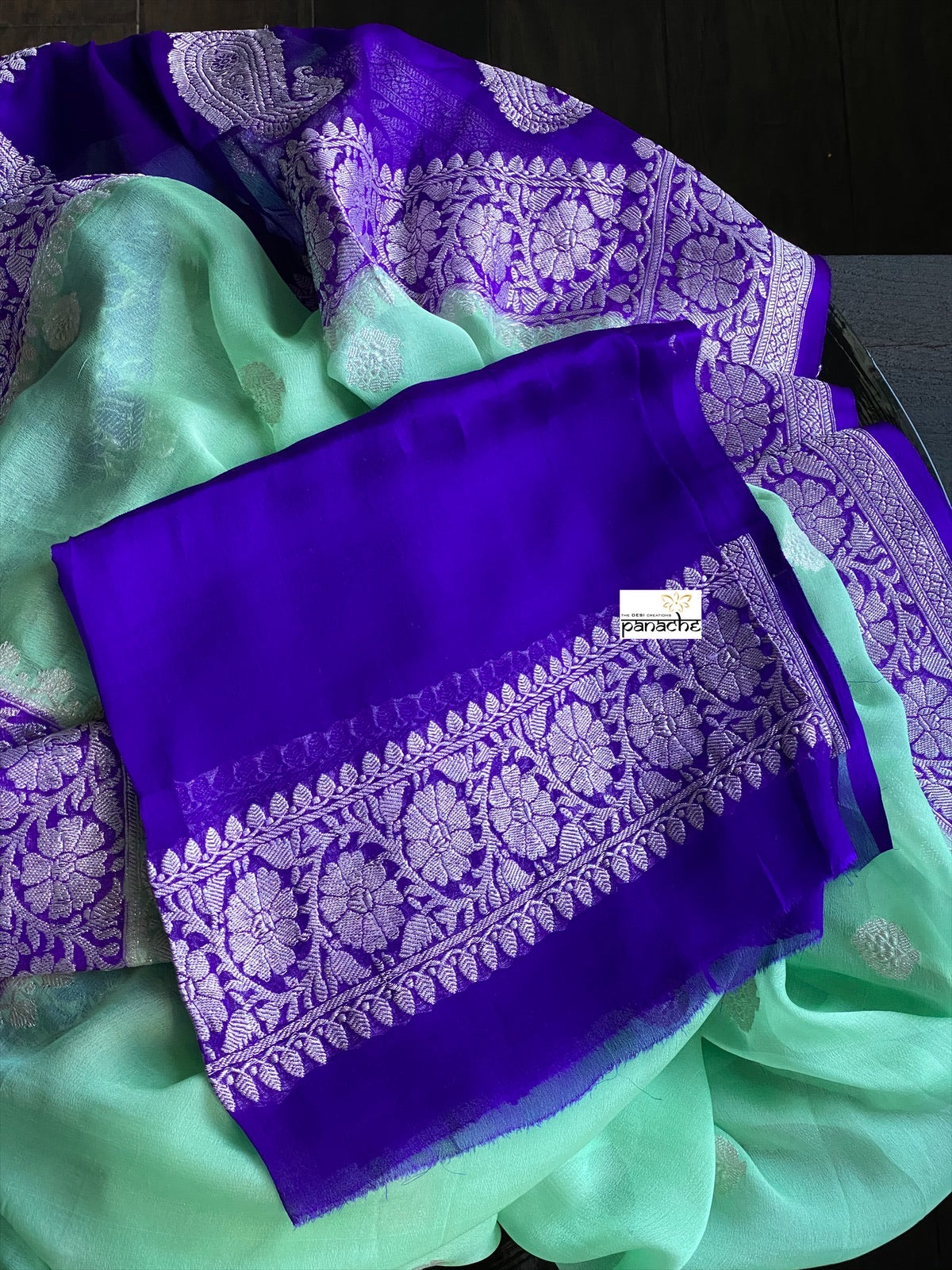 Chiffon Georgette Silk Banarasi - Mint Green Purple Silver Zari