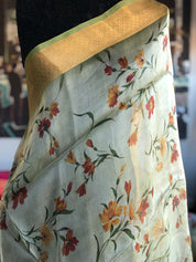 Banarasi Organza Floral - Light Green Golden Border