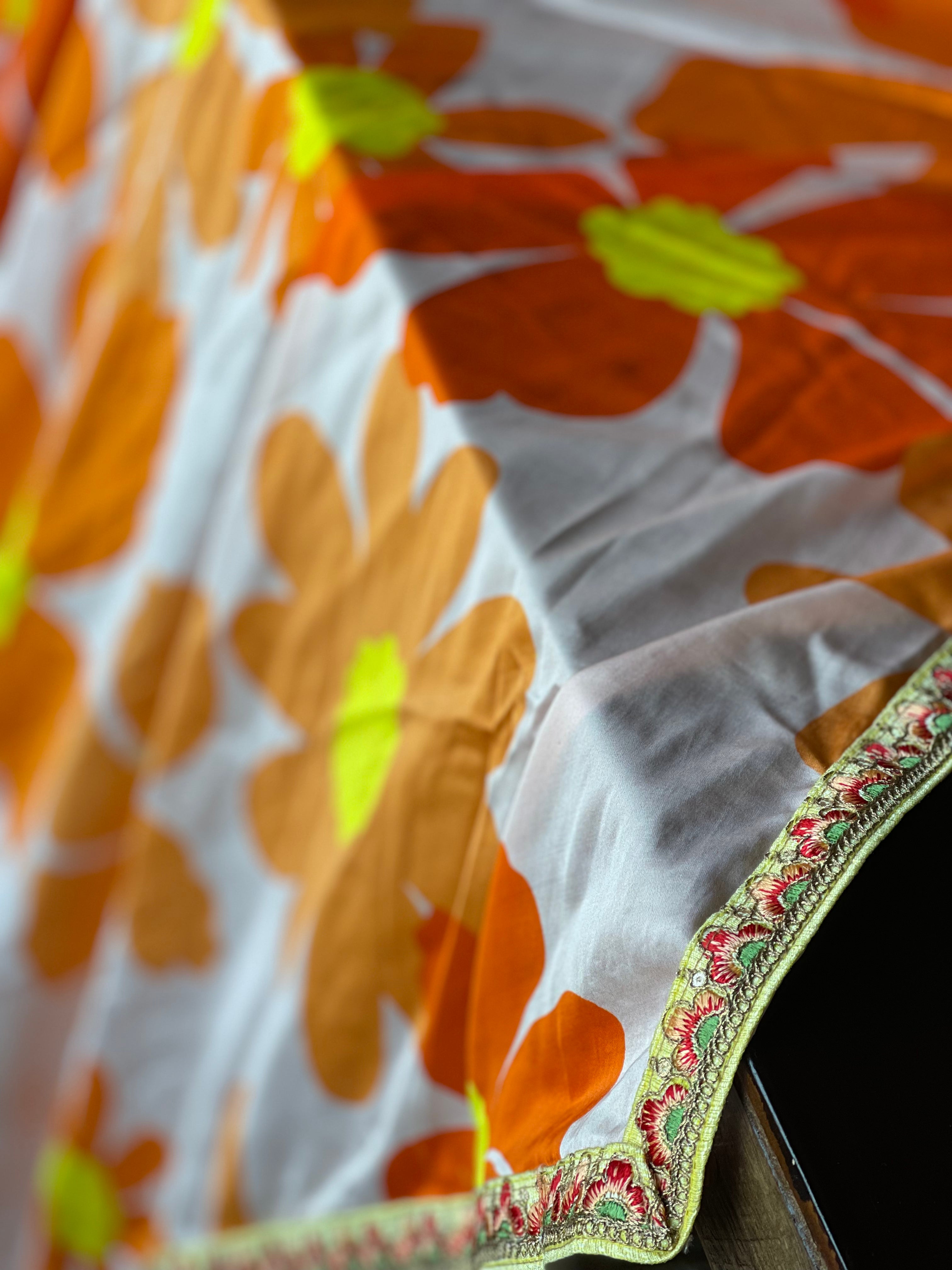 Designer Satin Maslin Silk - Light Peach Pink Yellow