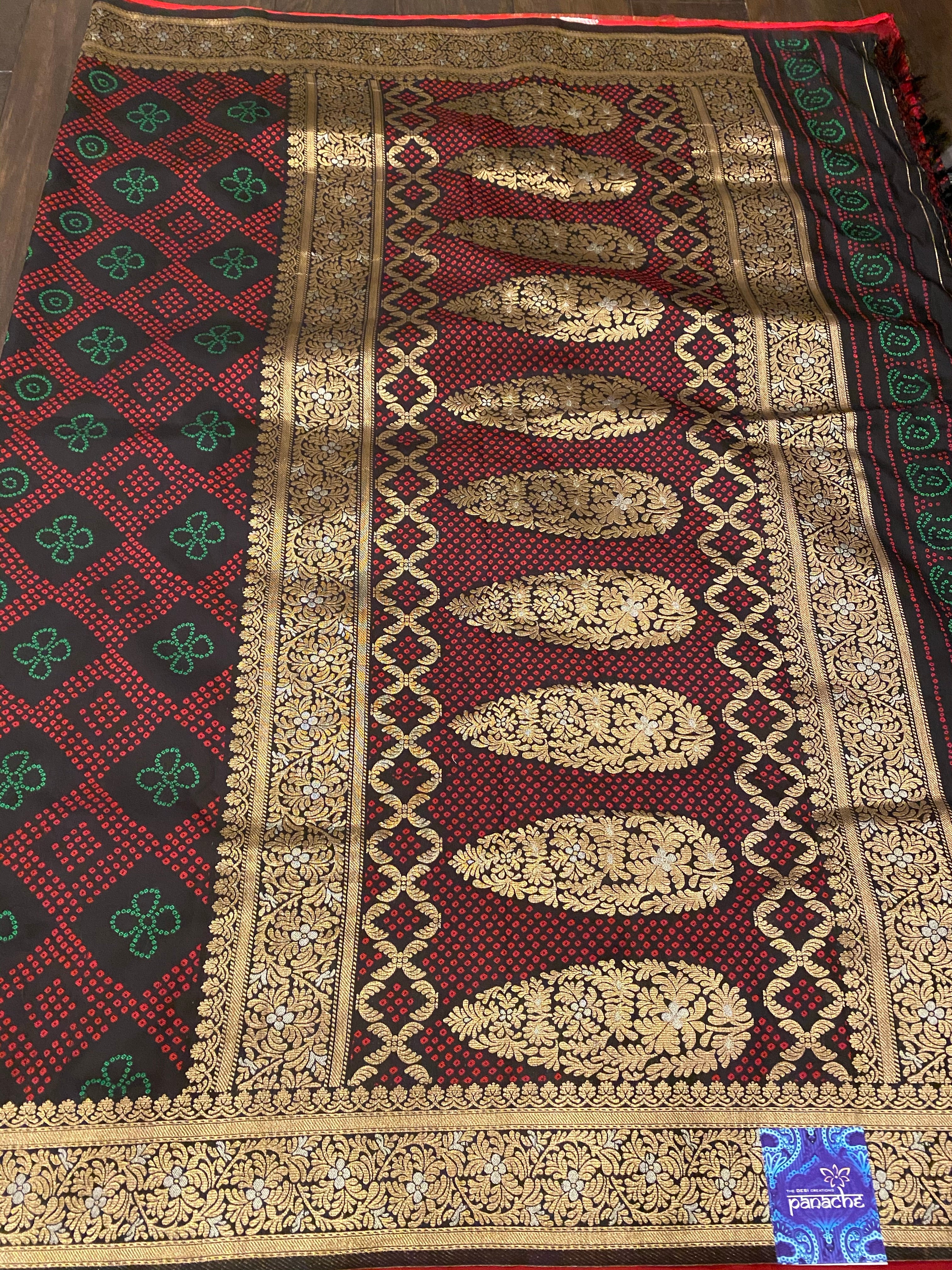 Soft Silk Bandhni Banarasi - Black Maroon Green