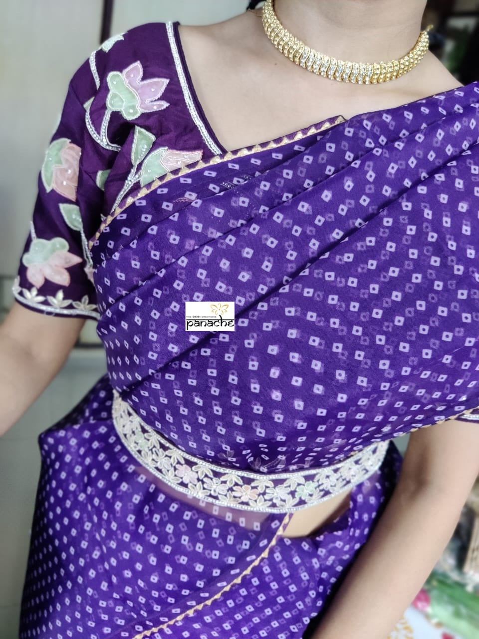 Designer Organza Bandhej - Purple Saree-Blouse Set
