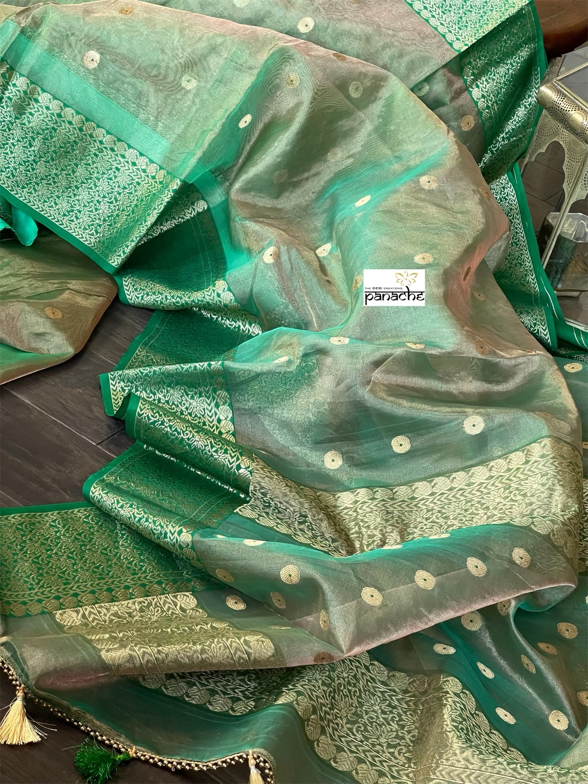 Tissue Chanderi Silk - Green Golden Zari