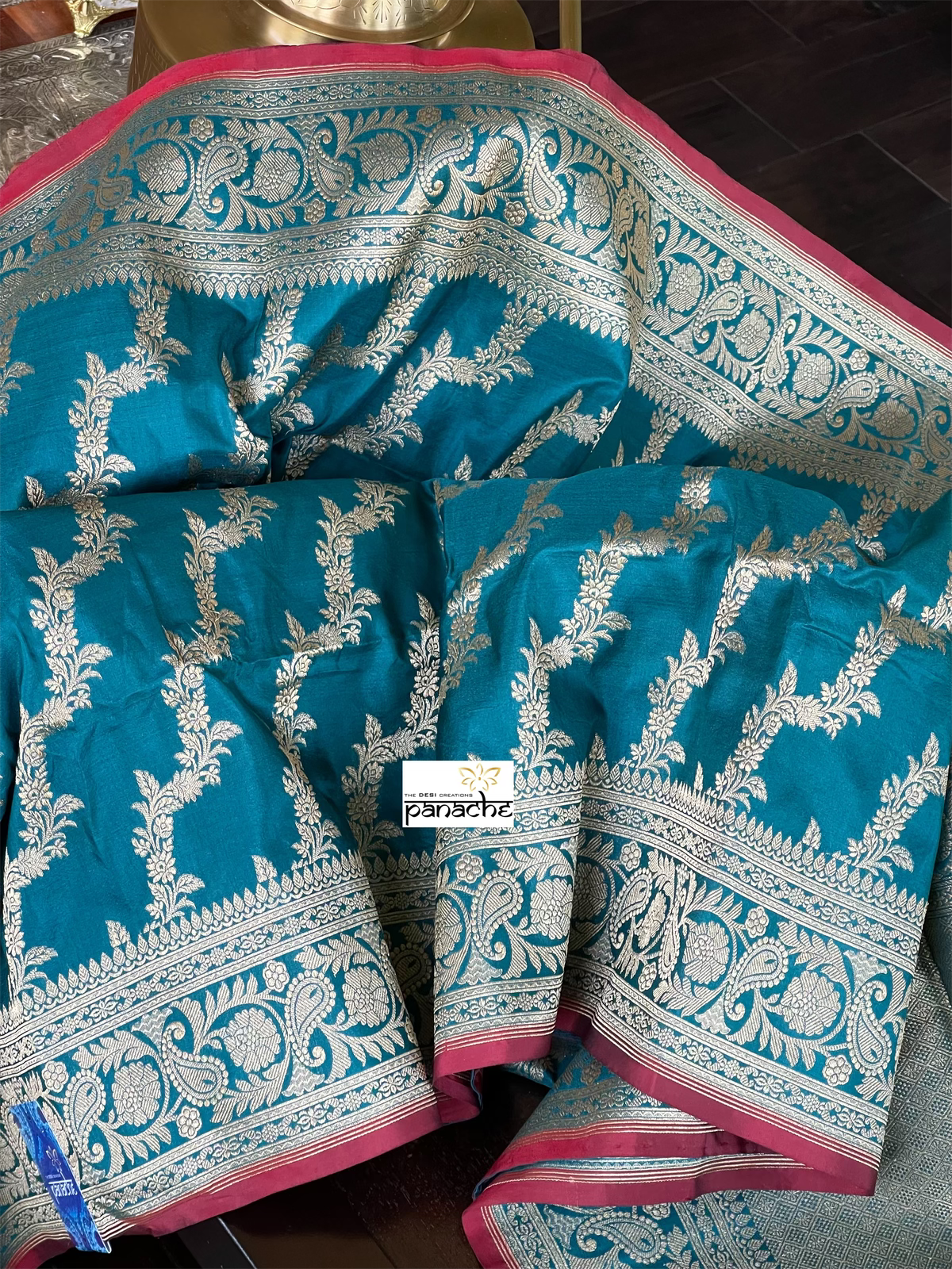 Katan Silk Leheriya Banarasi - Teal Blue Antique Zari