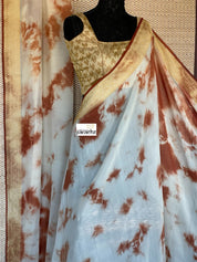 Khaddi Georgette Banarasi - Off-White Rust Brwon Tie-dye Khadhua Woven