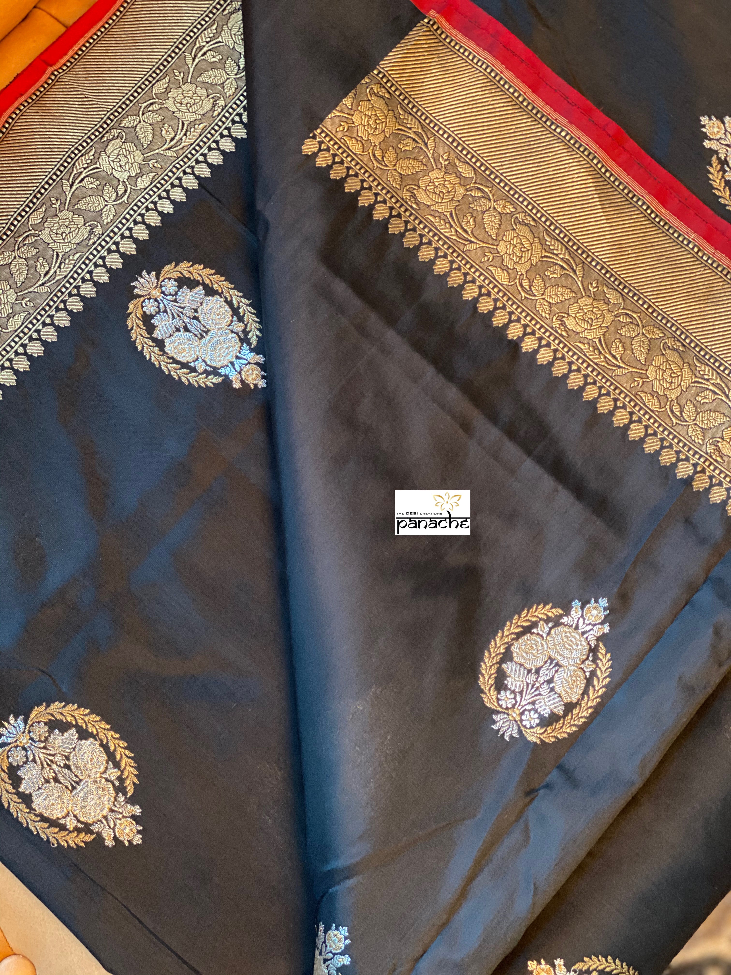 Exclusive Katan Silk Banarasi - Black Red Kadwa Woven