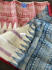 Printed Tussar Silk Kantha Stitch - Beige Blue Red
