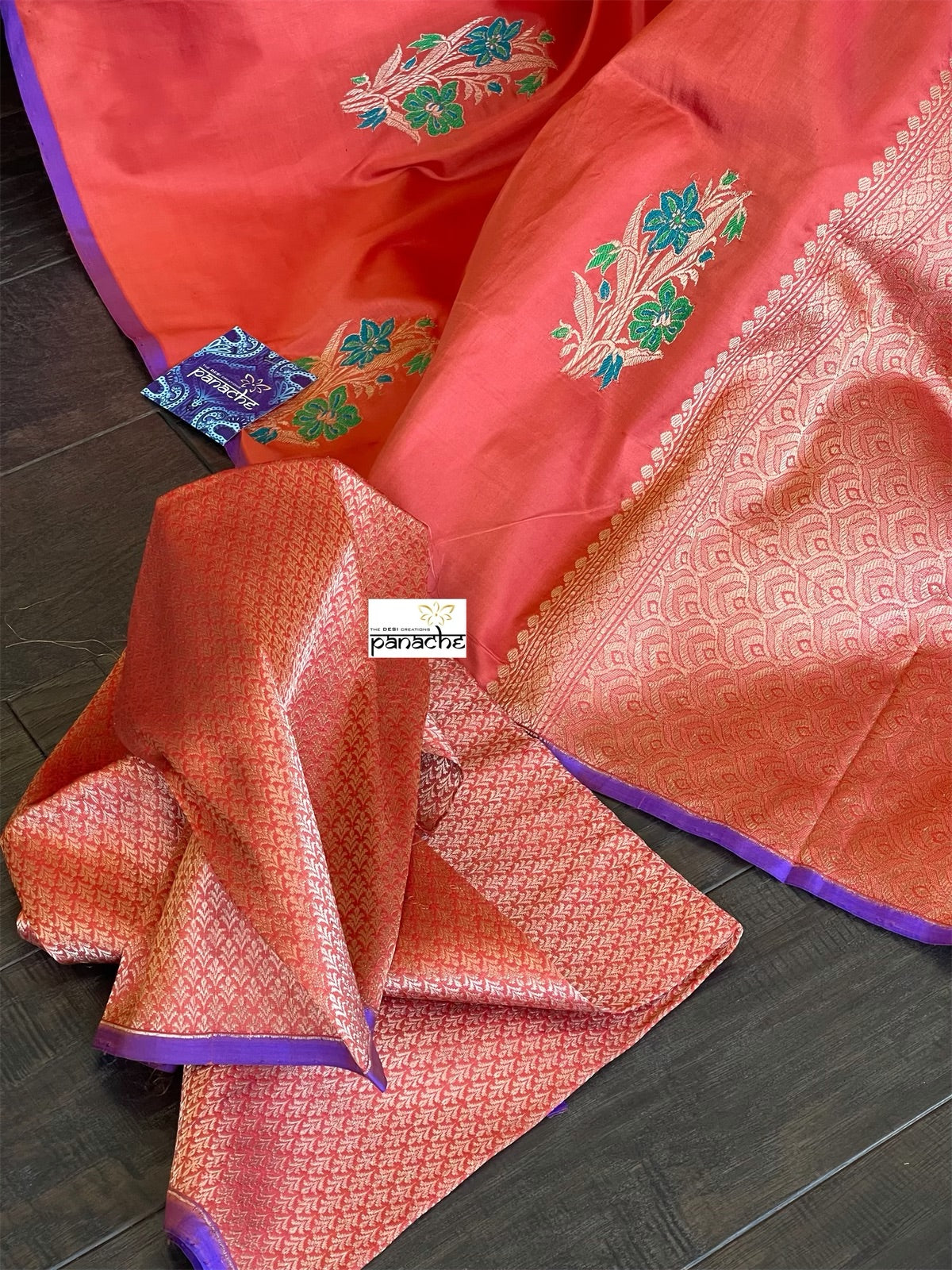 Katan Silk Banarasi - Red Orange Meenakari