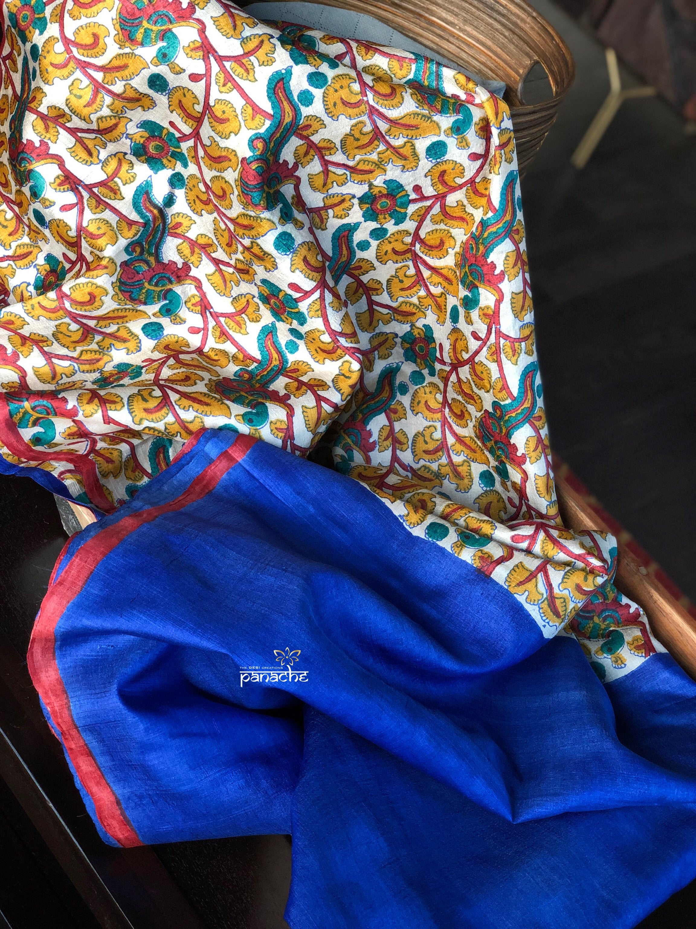 Tussar Silk - Printed Kalamkari  Royal Blue
